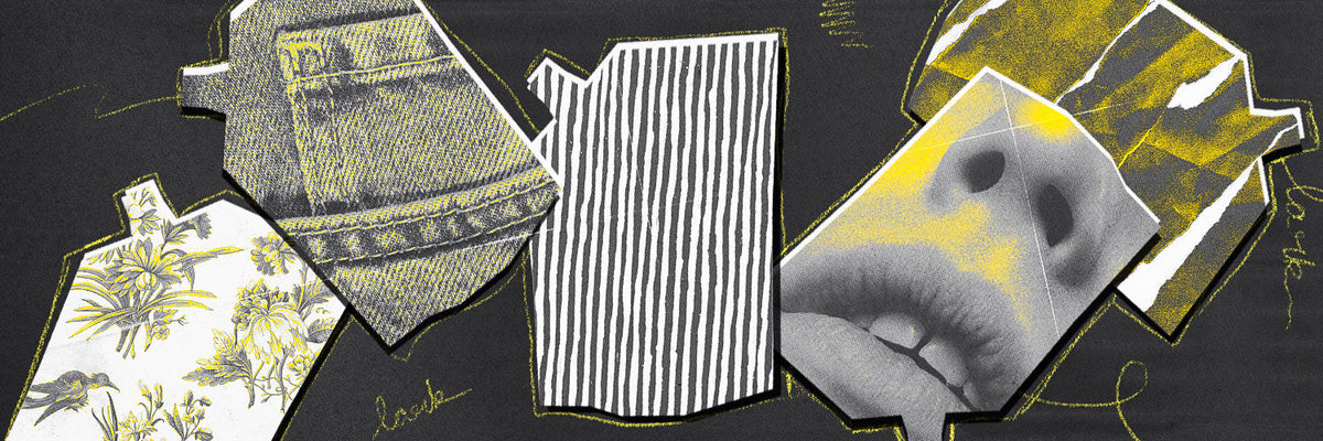 Collage of various textured shapes and patterns on a dark background