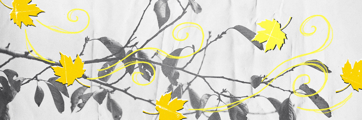 Decorative design with yellow leaves and branches on a gray background. Fragrance oil