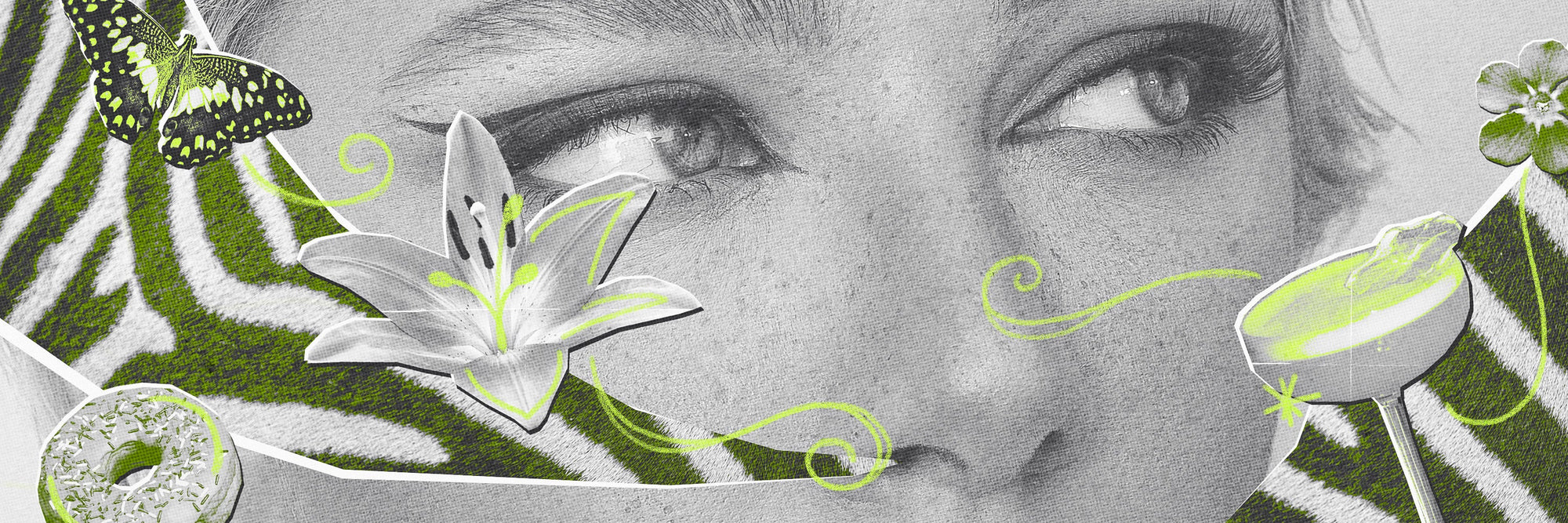 Close-up black-and-white collage of a woman’s face layered with a zebra print, lily, butterfly, flower, and coupe glass, accented with neon yellow-green swirls.