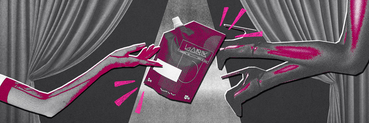 Illustration of hands holding a box labeled 'Lark' Fragrance oil
