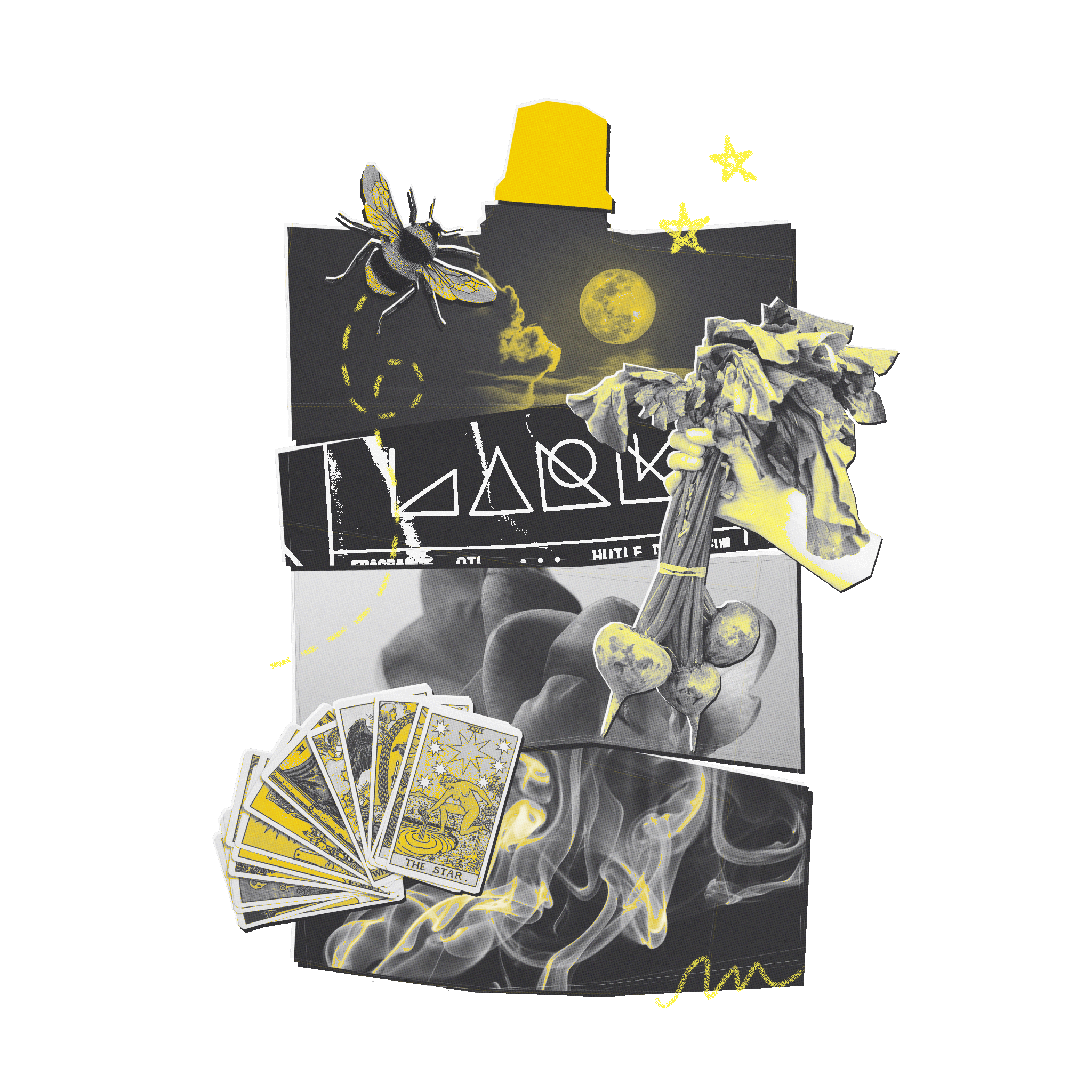 Collage of playing cards with artistic designs on a white background