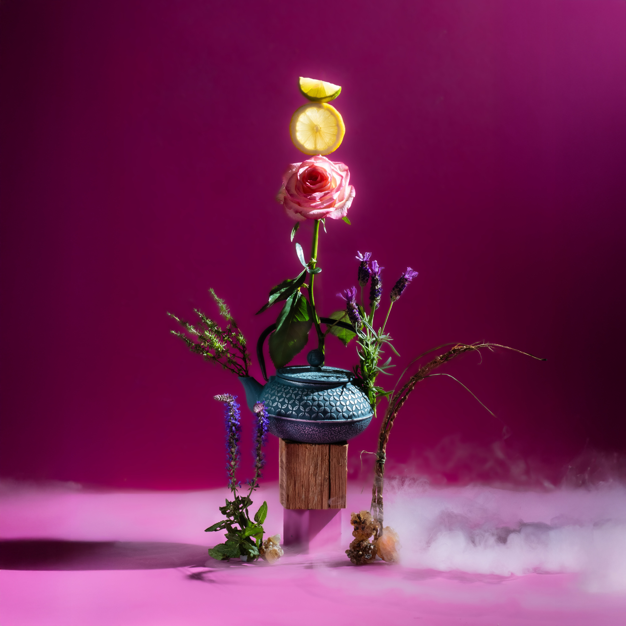 Artistic arrangement with flowers, a teapot, and sliced lemon on a pink background