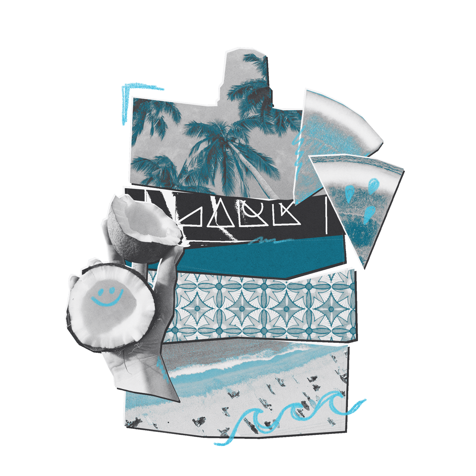 Collection of beach-themed products including towels and bags with tropical designs on a white background.