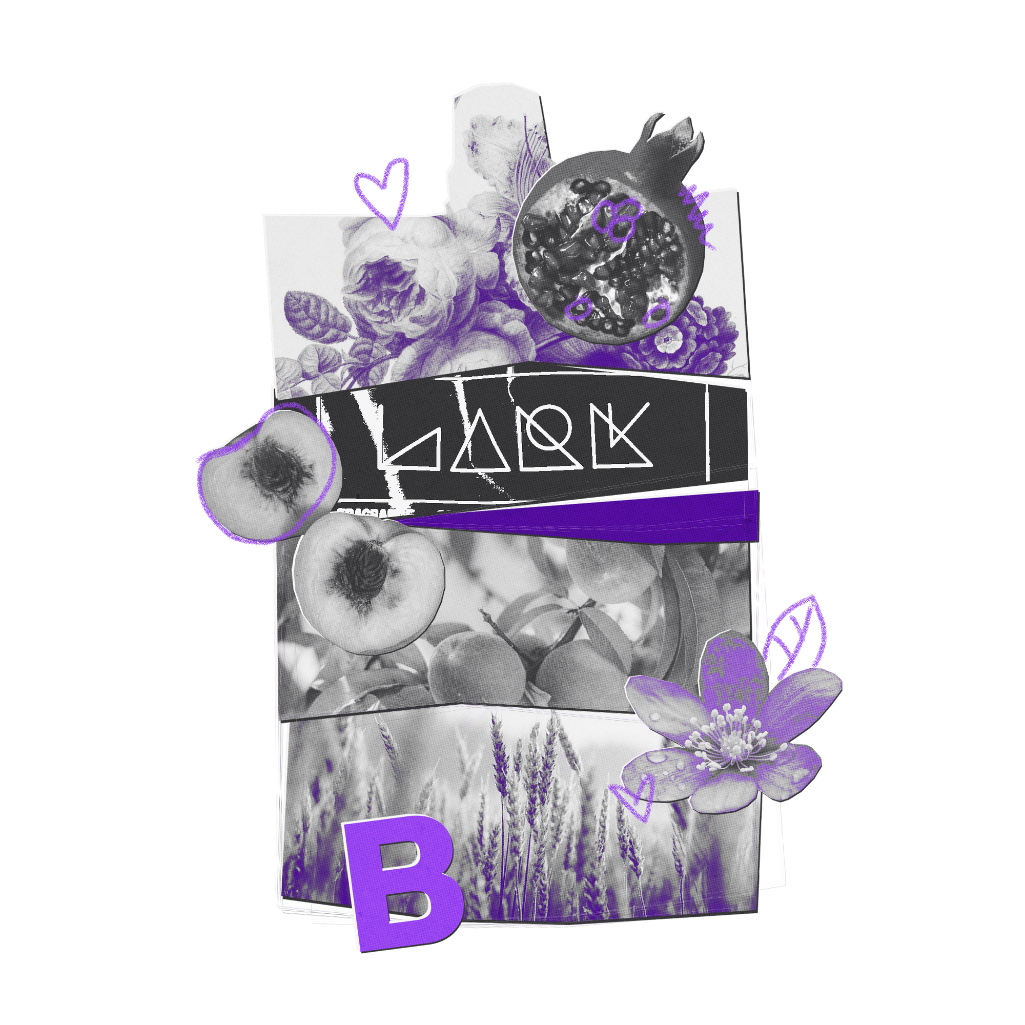 A stylized collage graphic featuring black-and-white fruit and floral imagery with prominent purple accents, including a pomegranate, peach halves, flowers, leaves, hearts, a purple banner with geometric symbols, and a large purple letter B on a white background.