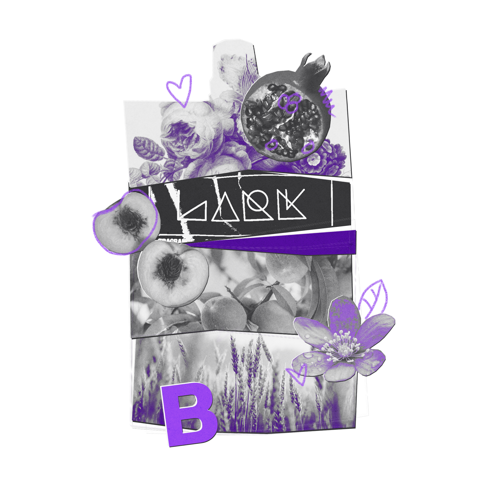A stylized collage graphic featuring black-and-white fruit and floral imagery with prominent purple accents, including a pomegranate, peach halves, flowers, leaves, hearts, a purple banner with geometric symbols, and a large purple letter B on a white background.