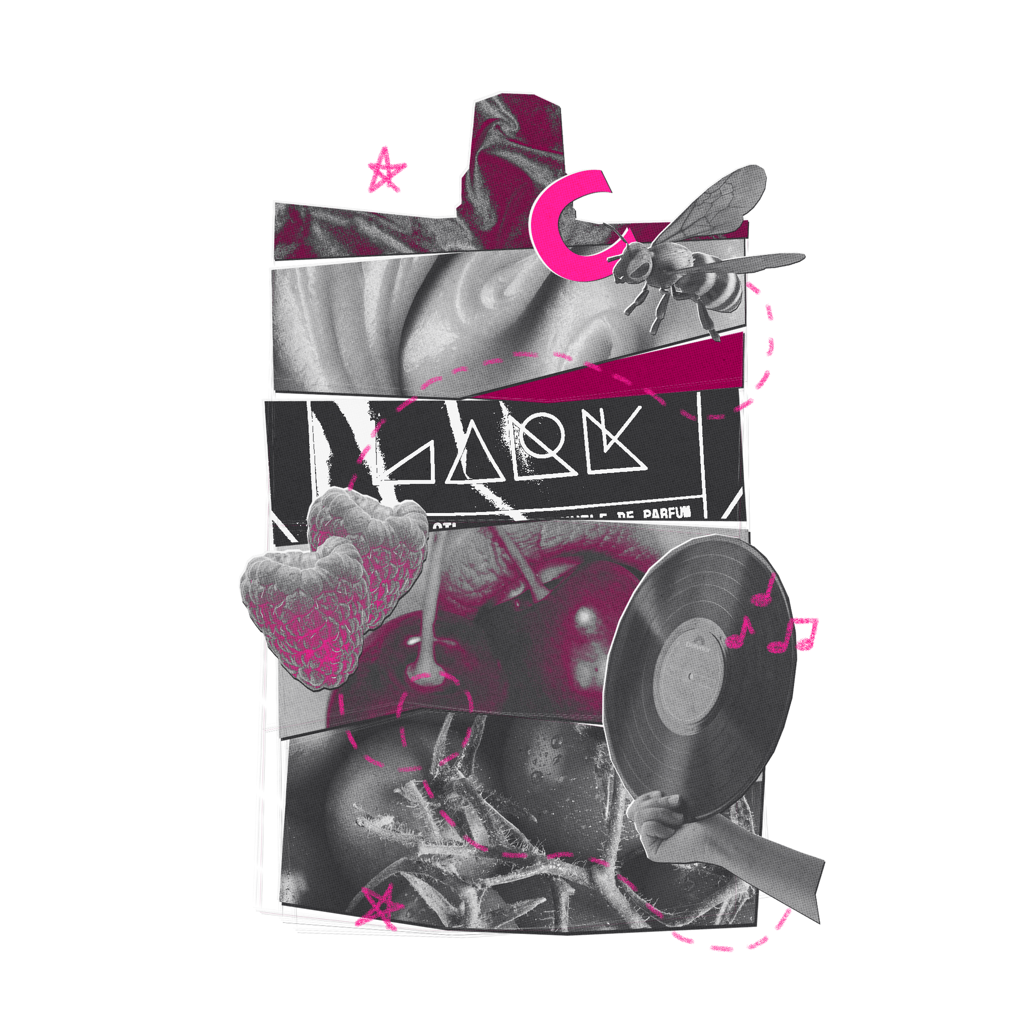 A stylized collage artwork on a white background featuring black-and-white photographic elements, bright pink accents, a vinyl record, a bee, a strawberry, cherries, and abstract graphic shapes.
