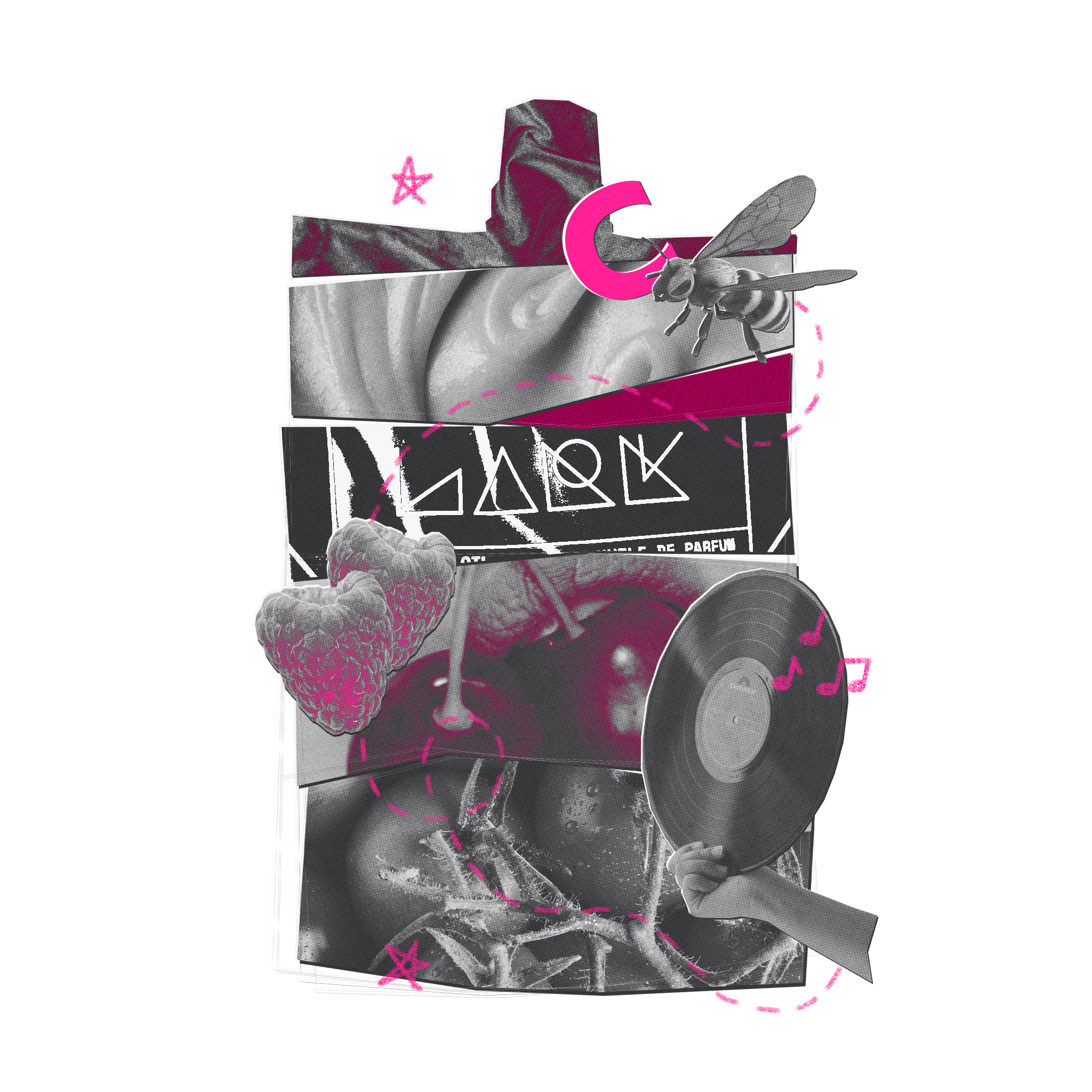 A stylized collage artwork on a white background featuring black-and-white photographic elements, bright pink accents, a vinyl record, a bee, a strawberry, cherries, and abstract graphic shapes.