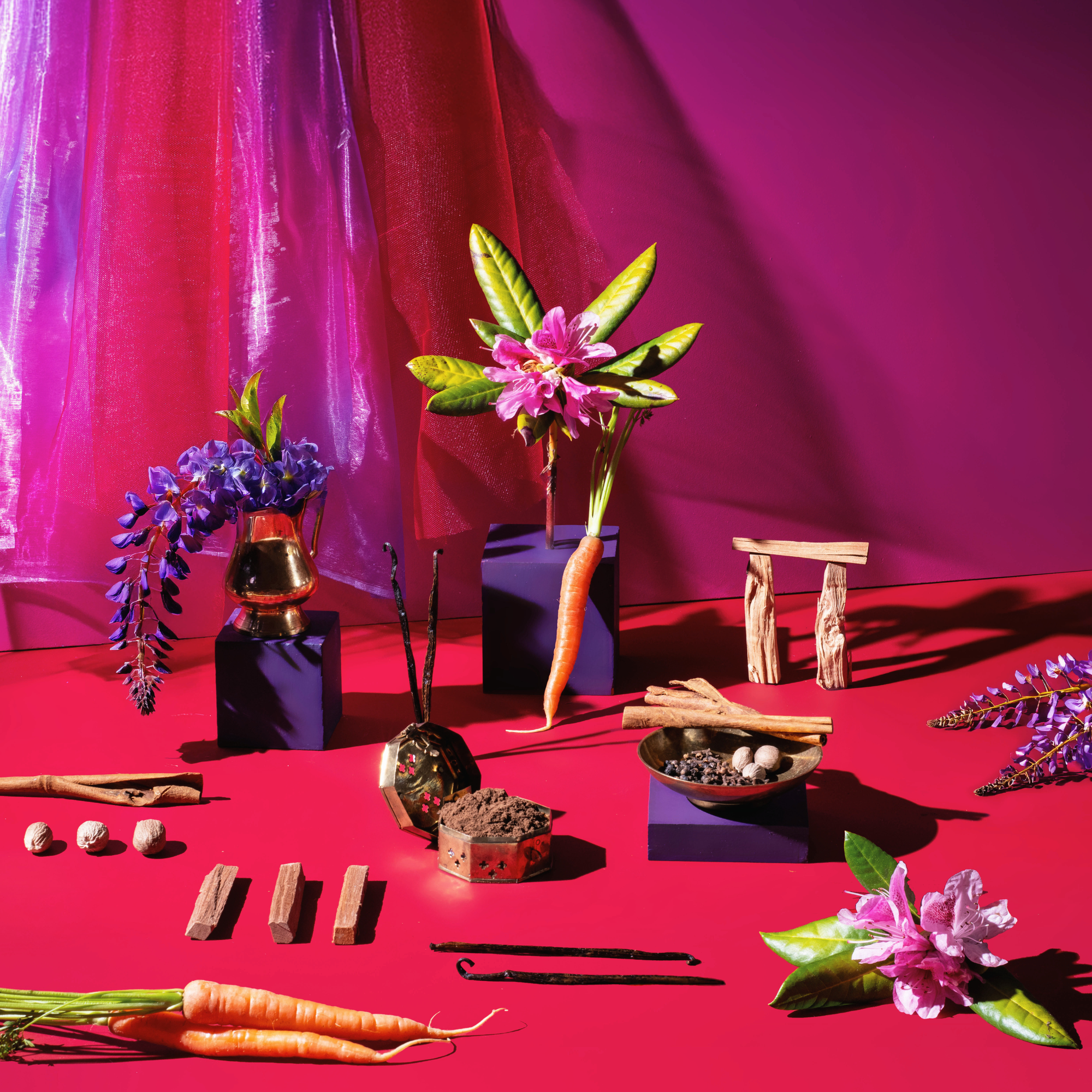 Colorful still life arrangement with flowers, carrots, and wooden elements on a red surface with a pink curtain background.