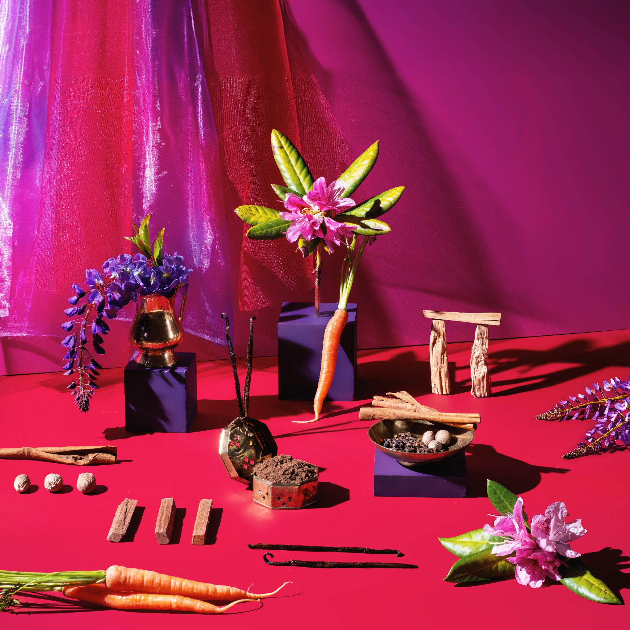 Colorful still life arrangement with flowers, carrots, and wooden elements on a red surface with a pink curtain background.