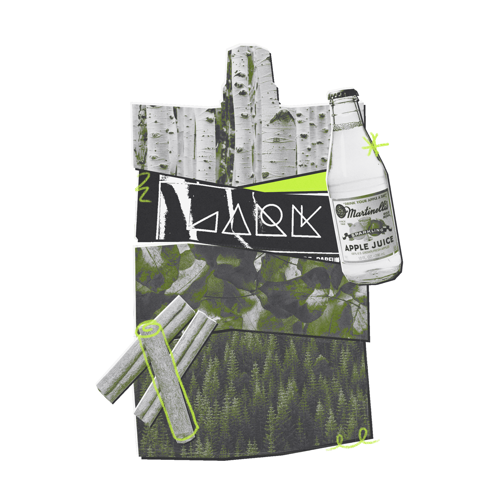 Packaged product with a bottle of Martini apple juice on a white background