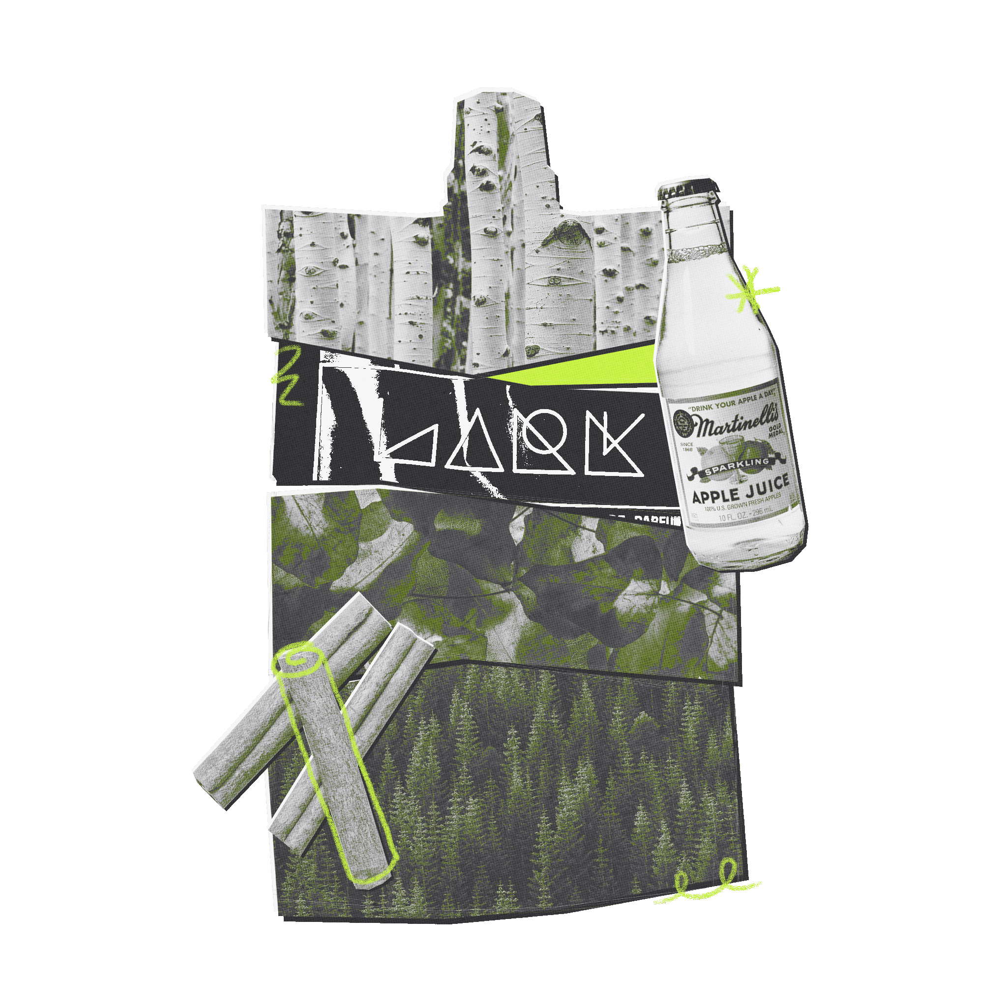 Packaged product with a bottle of Martini apple juice on a white background