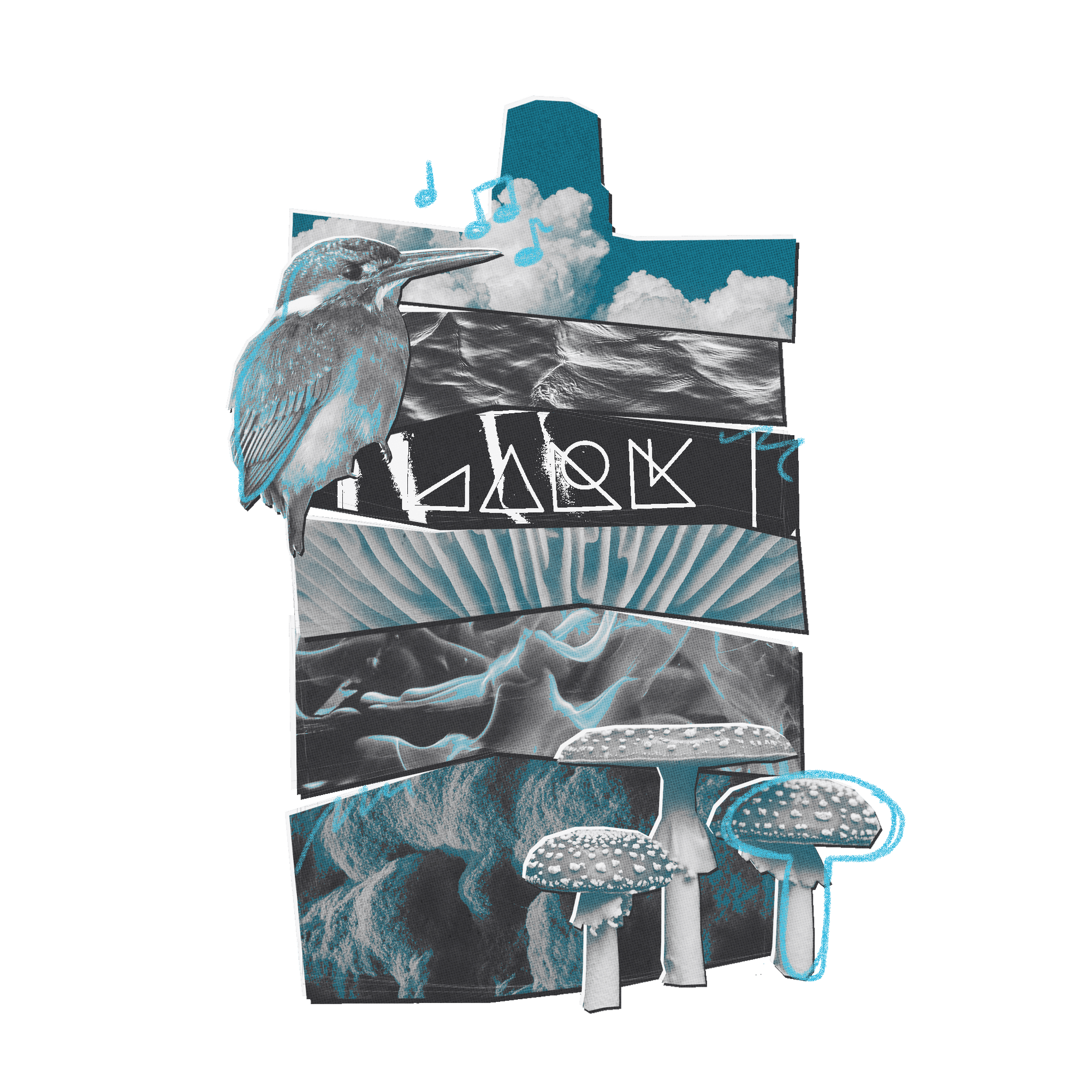 Nature-themed design featuring a bird, clouds, and mushrooms on a white background.