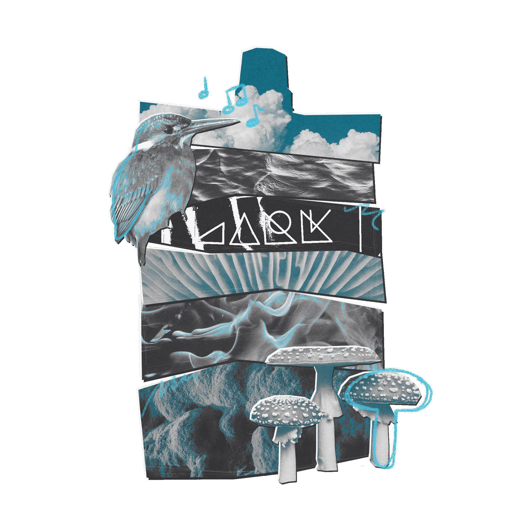 Nature-themed design featuring a bird, clouds, and mushrooms on a white background.