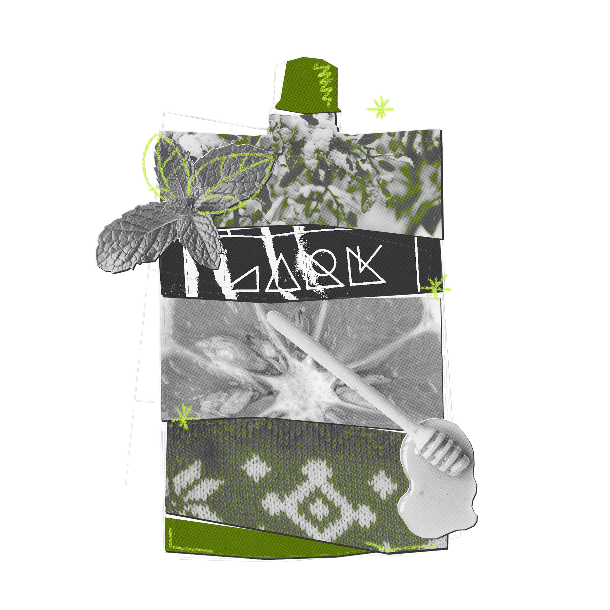 A collage-style graphic featuring green and black-and-white botanical and textile imagery, including a leaf, patterned fabric, a spoon, and abstract shapes, arranged on a white background.
