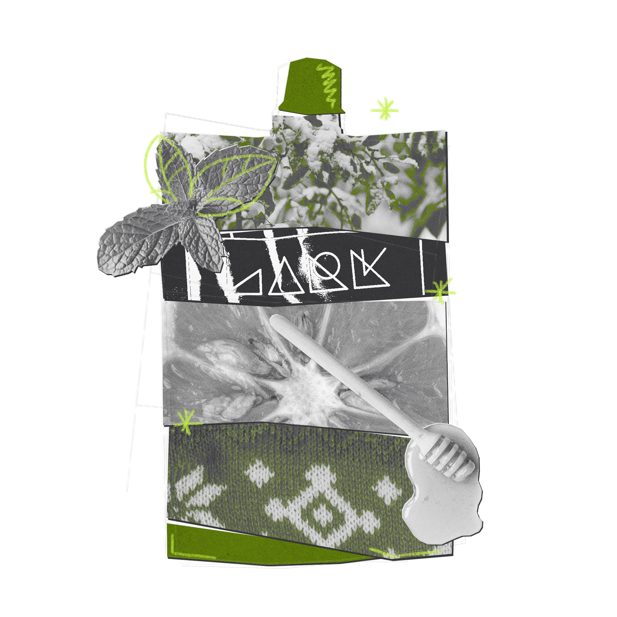 A collage-style graphic featuring green and black-and-white botanical and textile imagery, including a leaf, patterned fabric, a spoon, and abstract shapes, arranged on a white background.