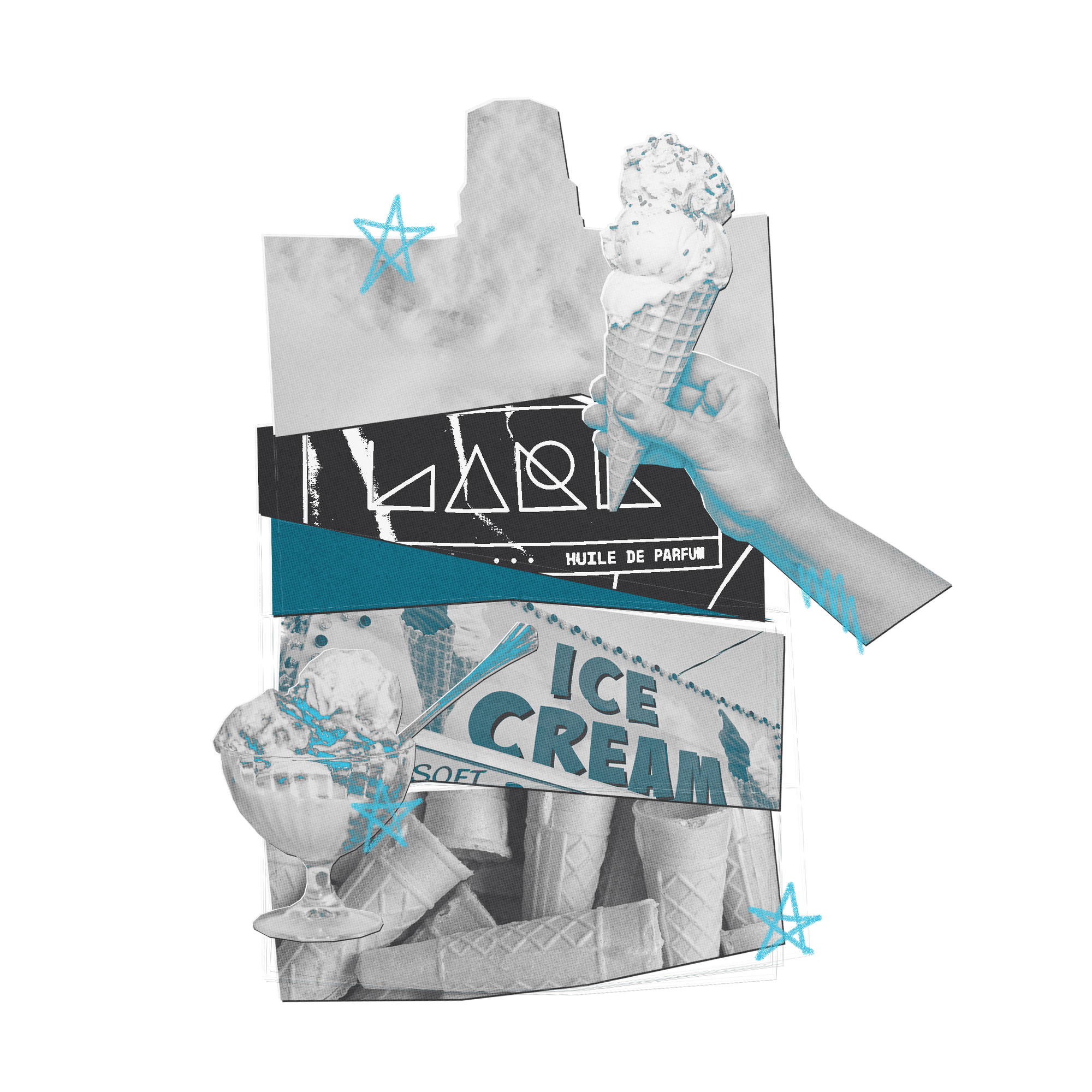 A collage-style graphic design featuring grayscale ice cream cones, sundaes, and signs with light blue star accents and a teal band, on a plain white background.