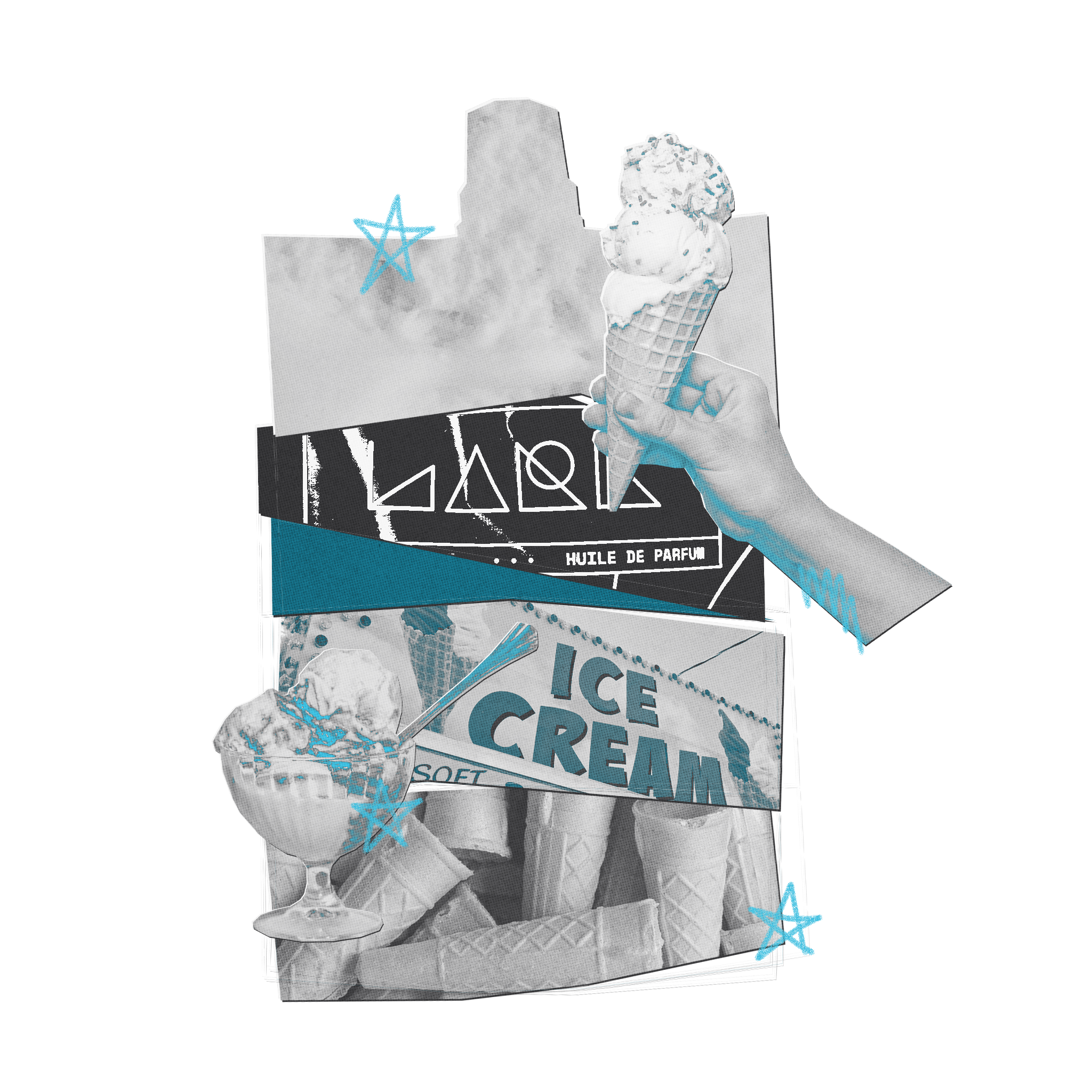 A collage-style graphic design featuring grayscale ice cream cones, sundaes, and signs with light blue star accents and a teal band, on a plain white background.