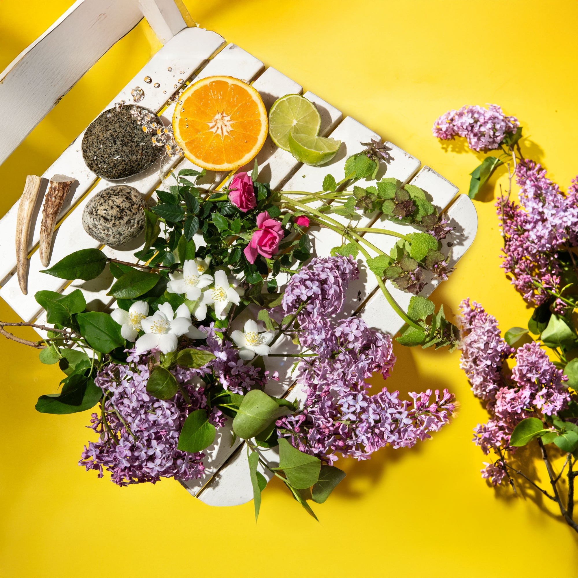 White cutting board with flowers, herbs, and citrus on a yellow background