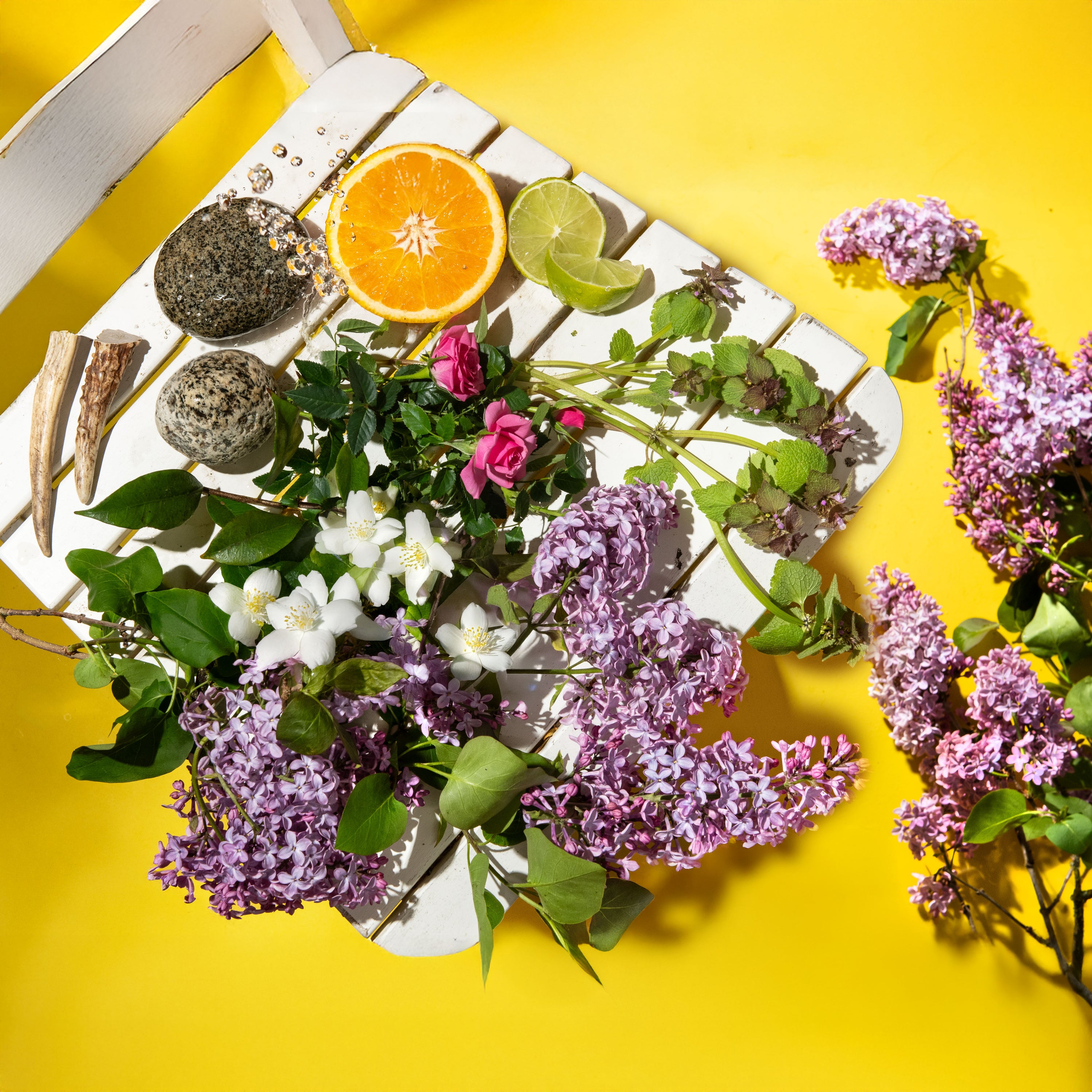 White cutting board with flowers, herbs, and citrus on a yellow background