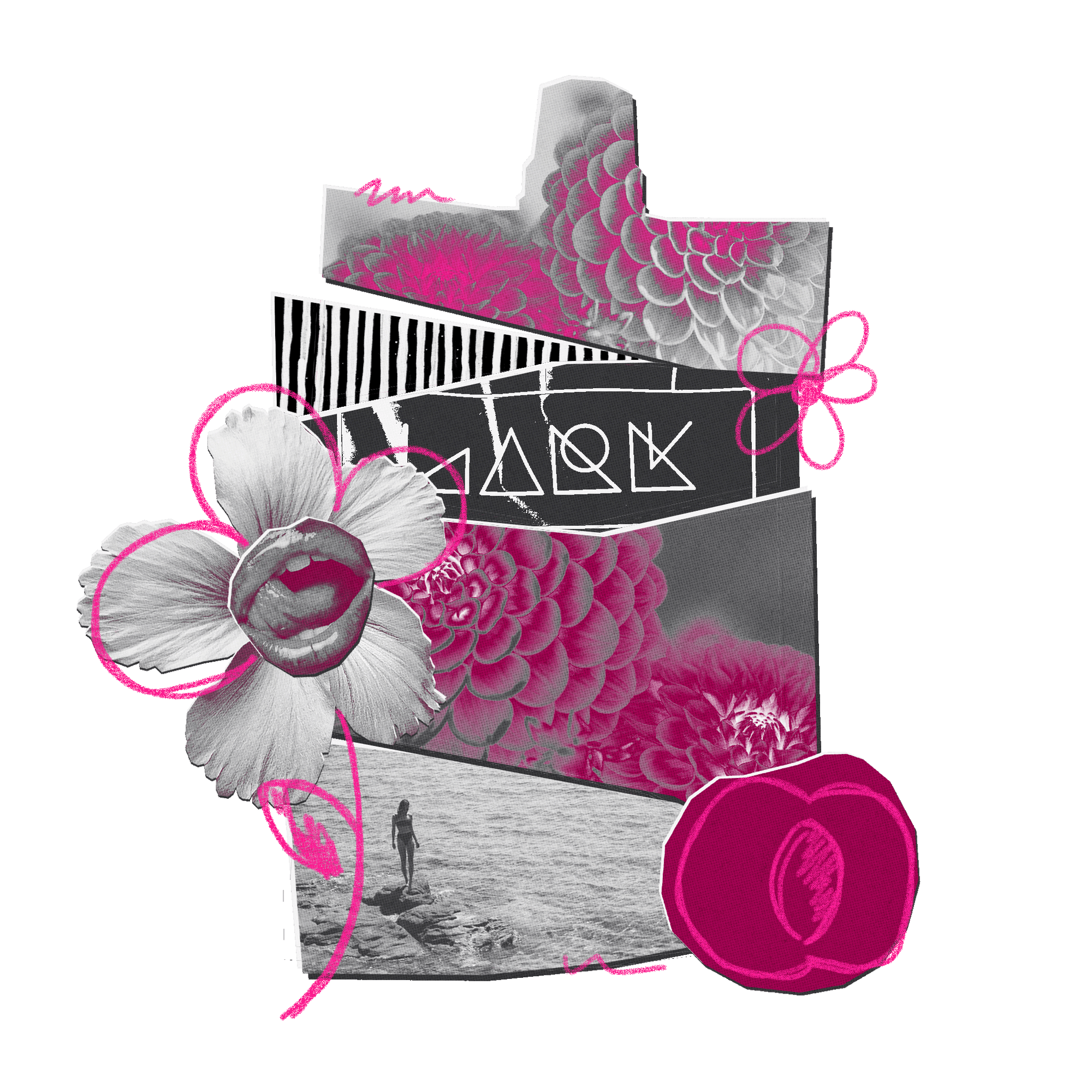 Collage with flowers, text, and a person on a beach