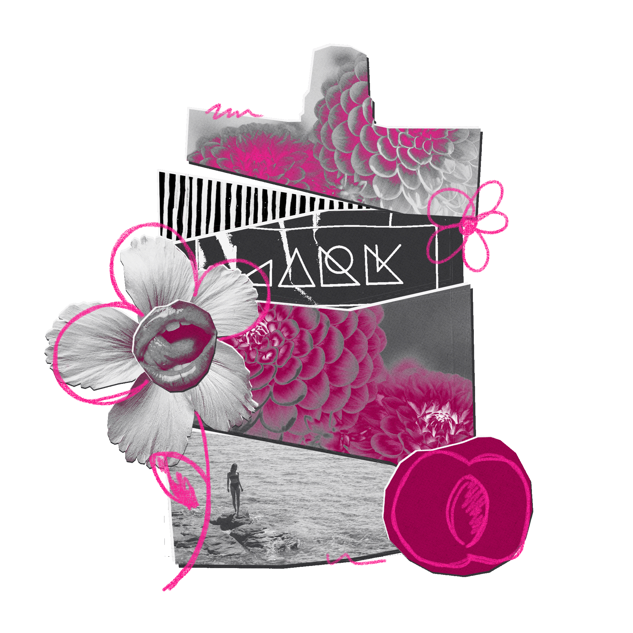 Collage with flowers, text, and a person on a beach