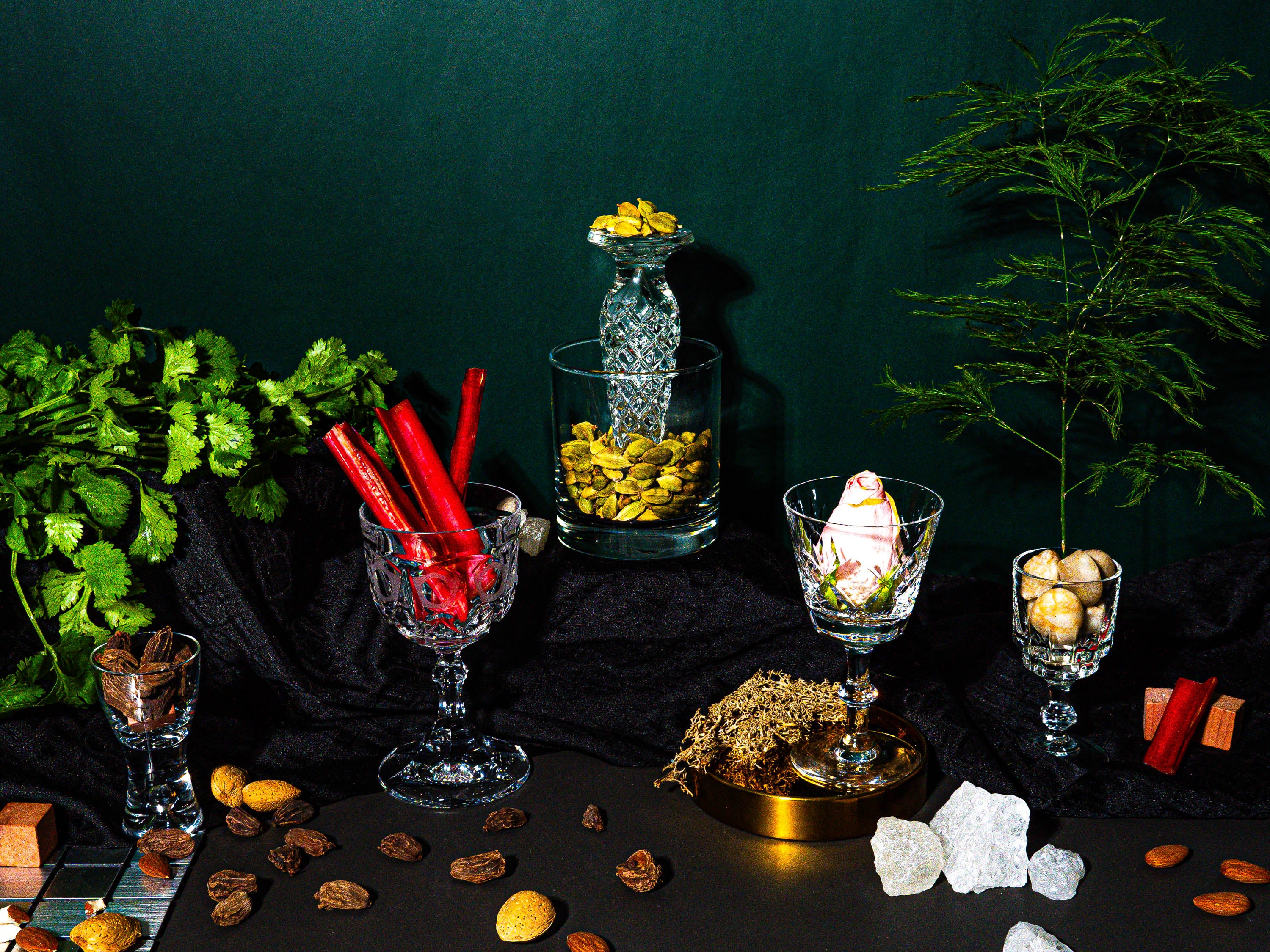 A moody, elegant flat lay featuring an assortment of ingredients: vibrant cilantro, bright red rhubarb sticks, cardamom pods in a crystal vase, a delicate pink rose in a glass, macadamia nuts, and rustic cinnamon sticks. These elements are artfully arranged on a dark backdrop, with crystalware and decorative touches like moss, stones, and wooden cubes adding layers of texture and sophistication.