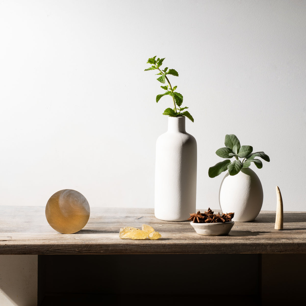 Two matte white ceramic vases with green plants, styled on a rustic wooden table alongside a polished stone sphere, crystals, and small bowls against a clean white background.
