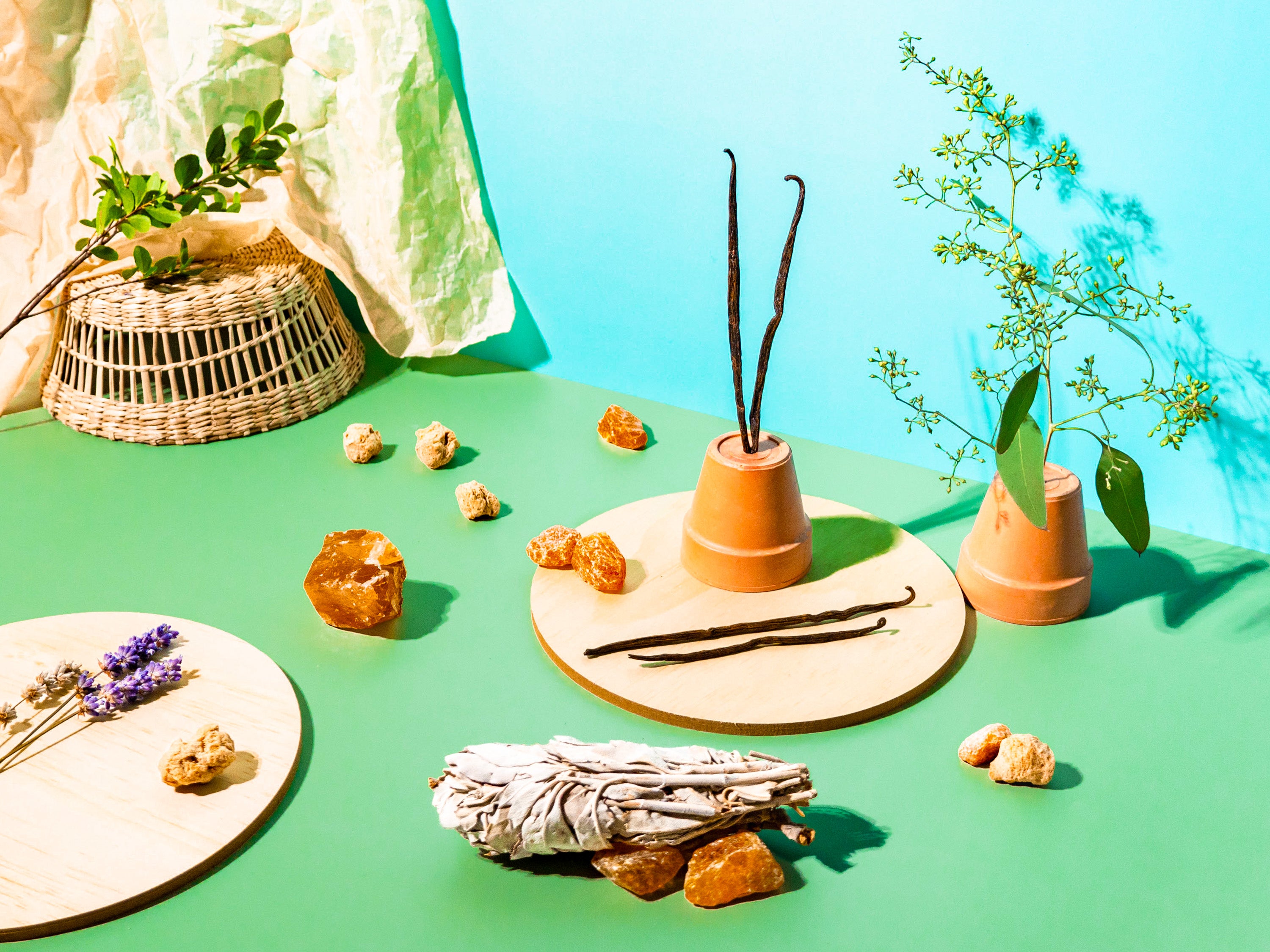 A serene flat-lay featuring natural elements on a vibrant green surface against a teal backdrop. A wicker basket and crumpled paper add texture to the setting, complemented by terracotta pots holding vanilla pods and greenery. Scattered around are amber resin chunks, sage bundles, lavender sprigs, and more vanilla pods, evoking earthy, herbal, and warm aromatic themes.