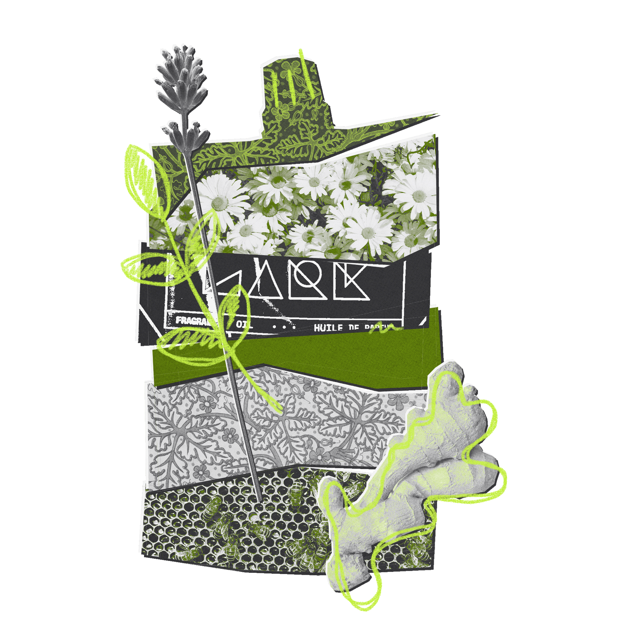 Collage of green and gray patterns with floral elements on a white background