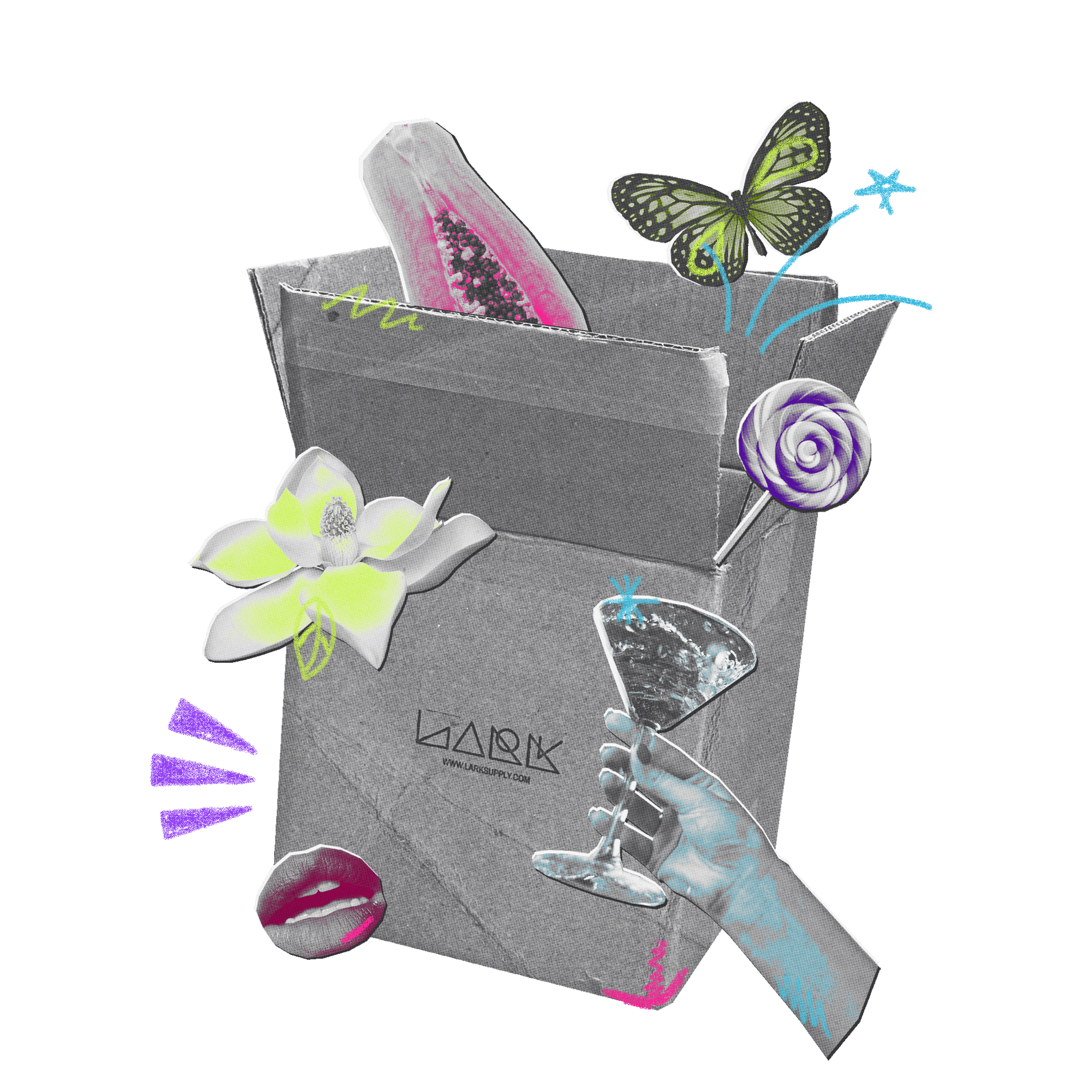 An open, grey cardboard box is the centrepiece of this playful collage, with various items like a pink papaya, a purple lollipop, and a butterfly bursting from it. A hand holding a martini glass and a pair of pink lips float in the foreground, all accented by vibrant neon doodles. The "LARK" logo is centred on the box against a solid black background.