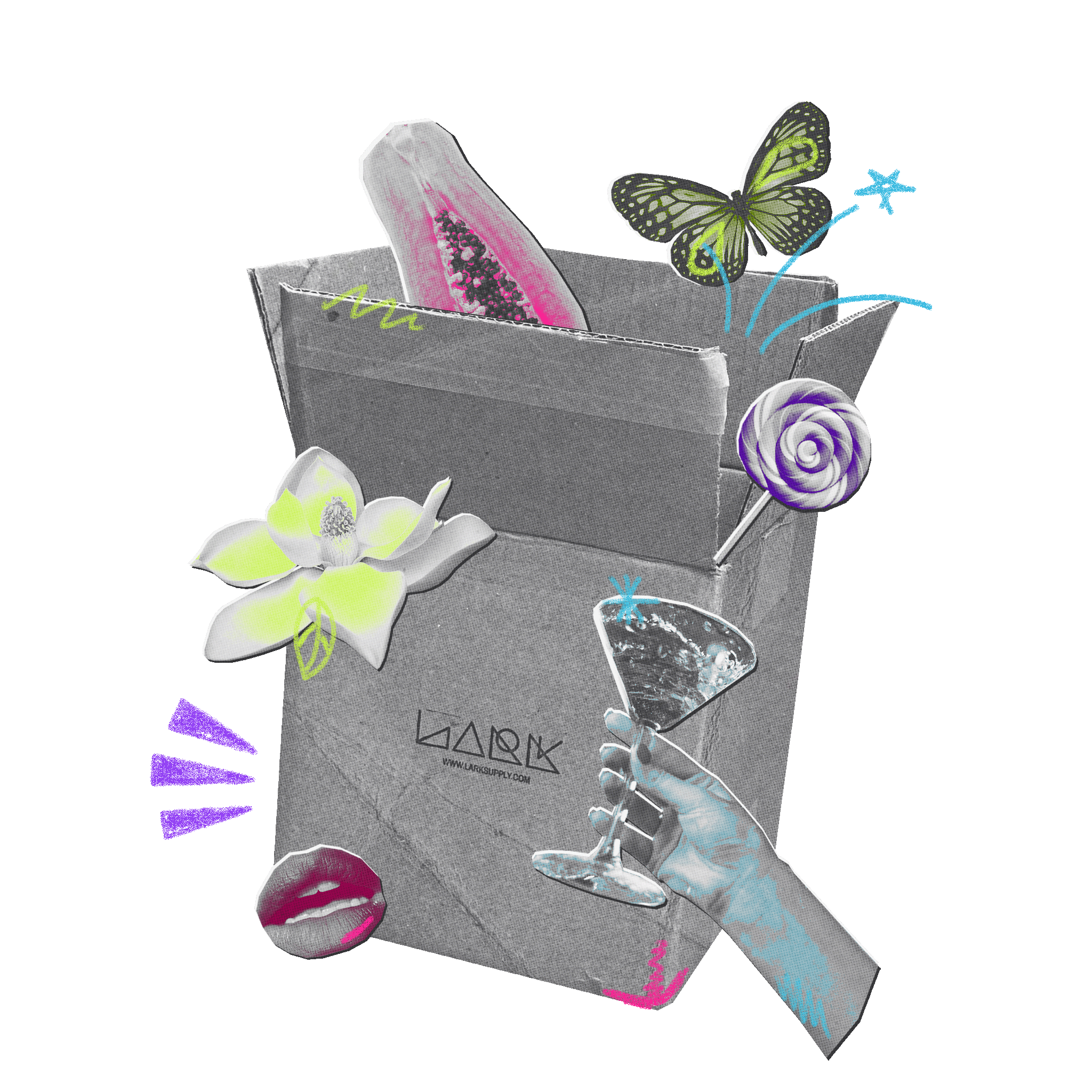 An open, grey cardboard box is the centrepiece of this playful collage, with various items like a pink papaya, a purple lollipop, and a butterfly bursting from it. A hand holding a martini glass and a pair of pink lips float in the foreground, all accented by vibrant neon doodles. The "LARK" logo is centred on the box against a solid black background.