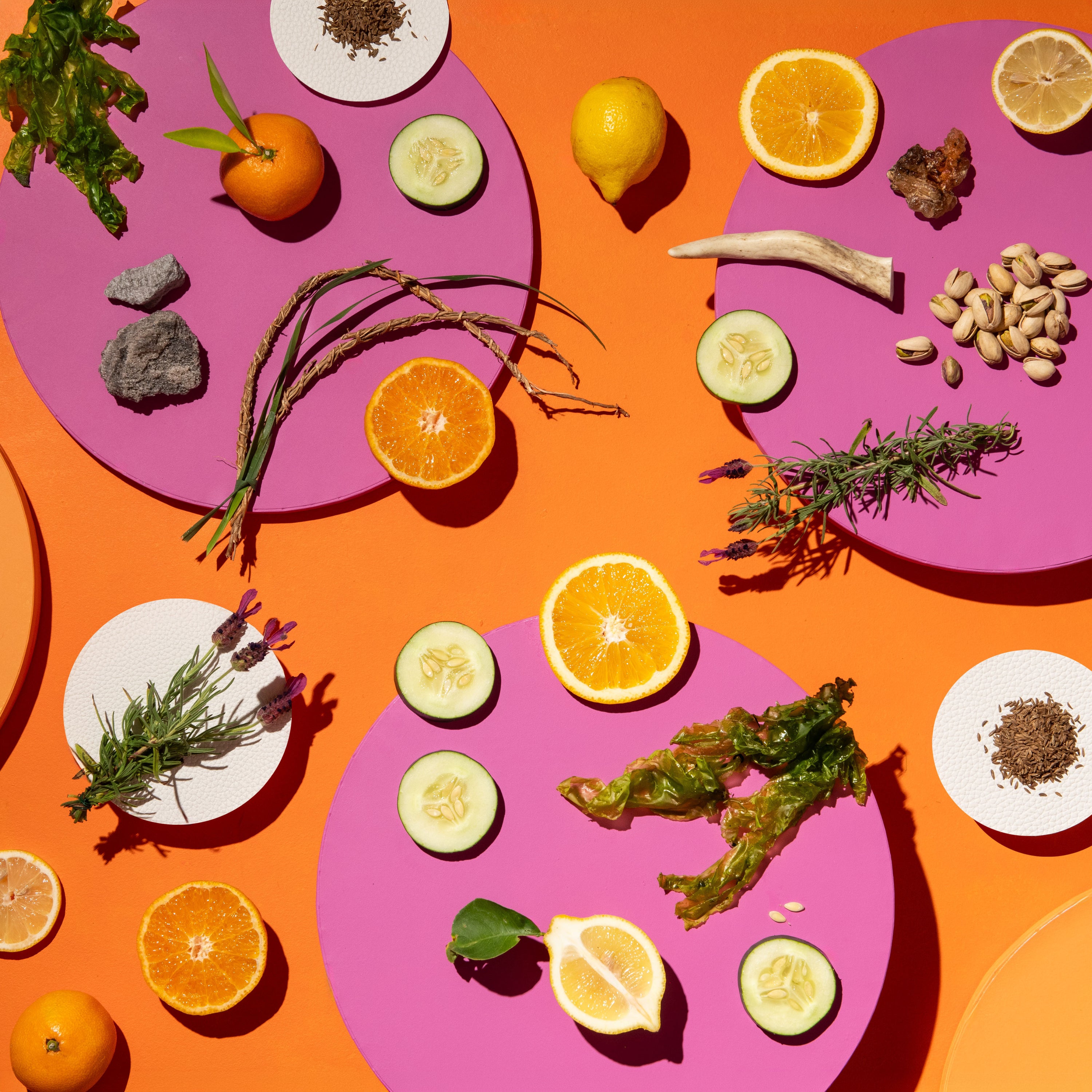 A vibrant flat-lay composition featuring three magenta circular plates arranged on a bright orange background, styled with citrus fruits, sliced cucumbers, rosemary, greens, nuts, and spices.