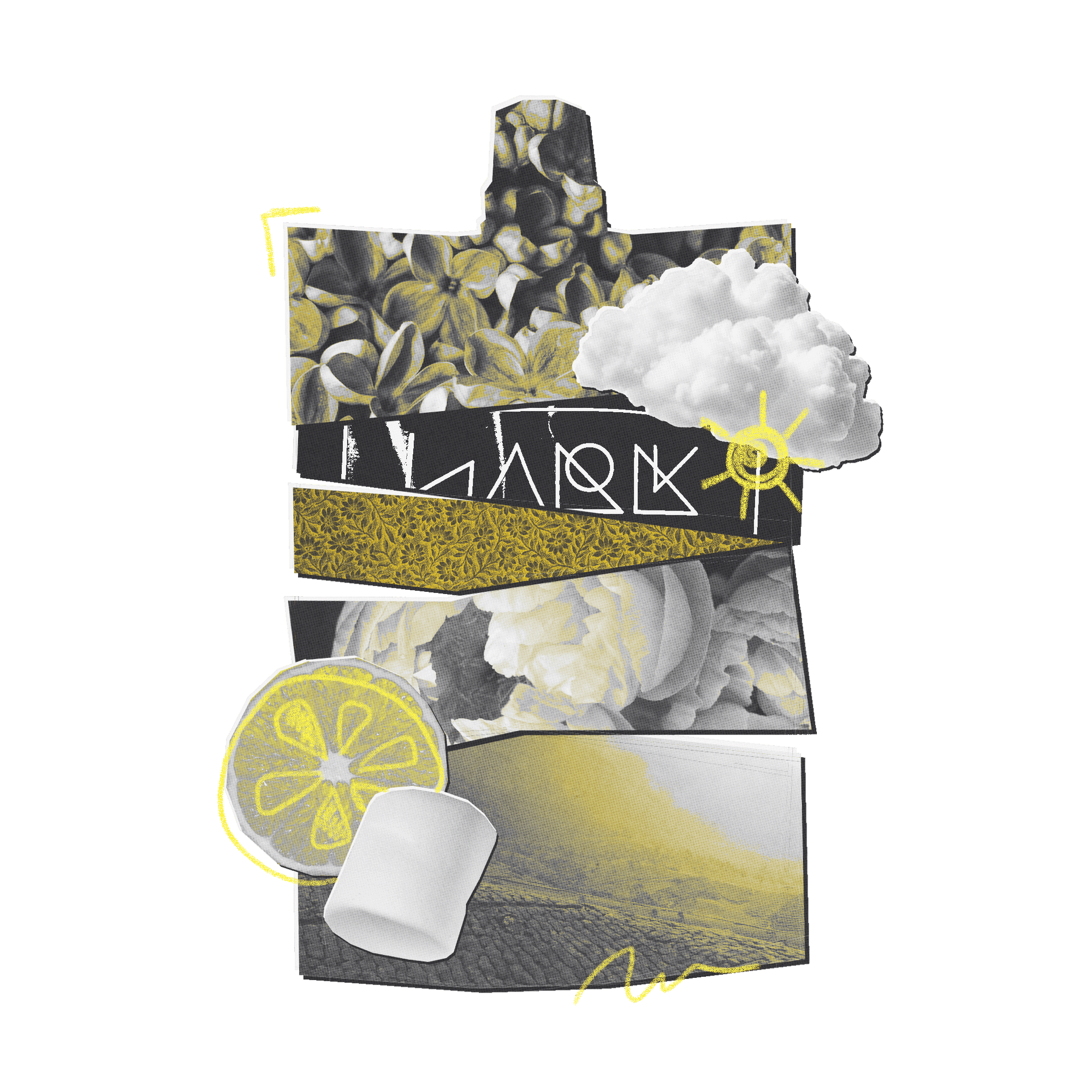 Collage of a floral-patterned product with lemon and cloud elements on a white background