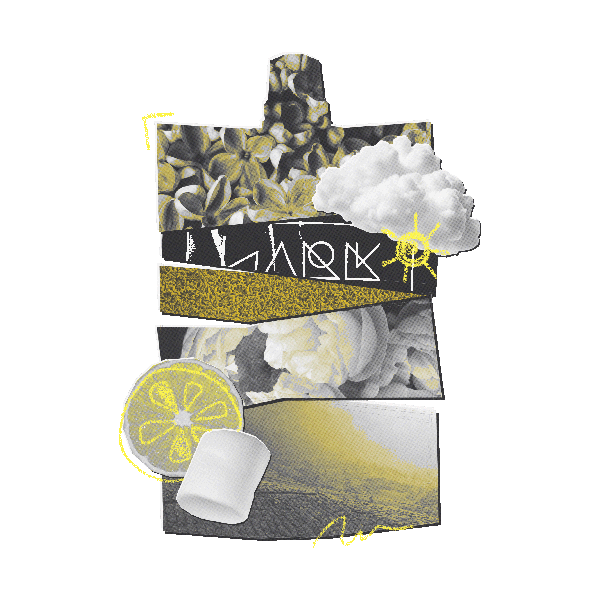 Collage of a floral-patterned product with lemon and cloud elements on a white background