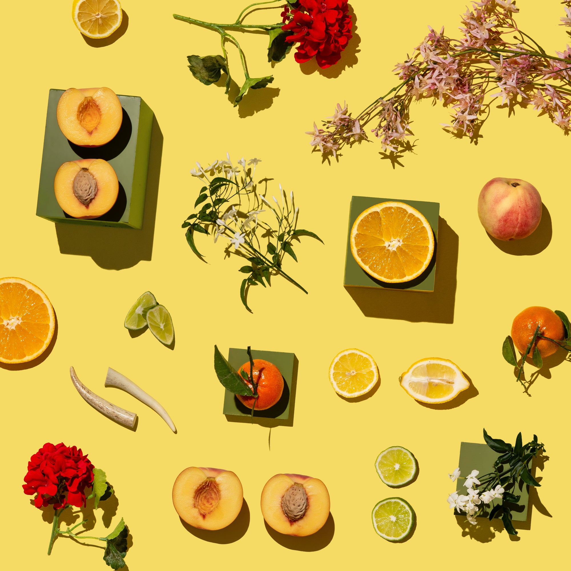 Pattern of fruits, flowers, and leaves on a yellow background