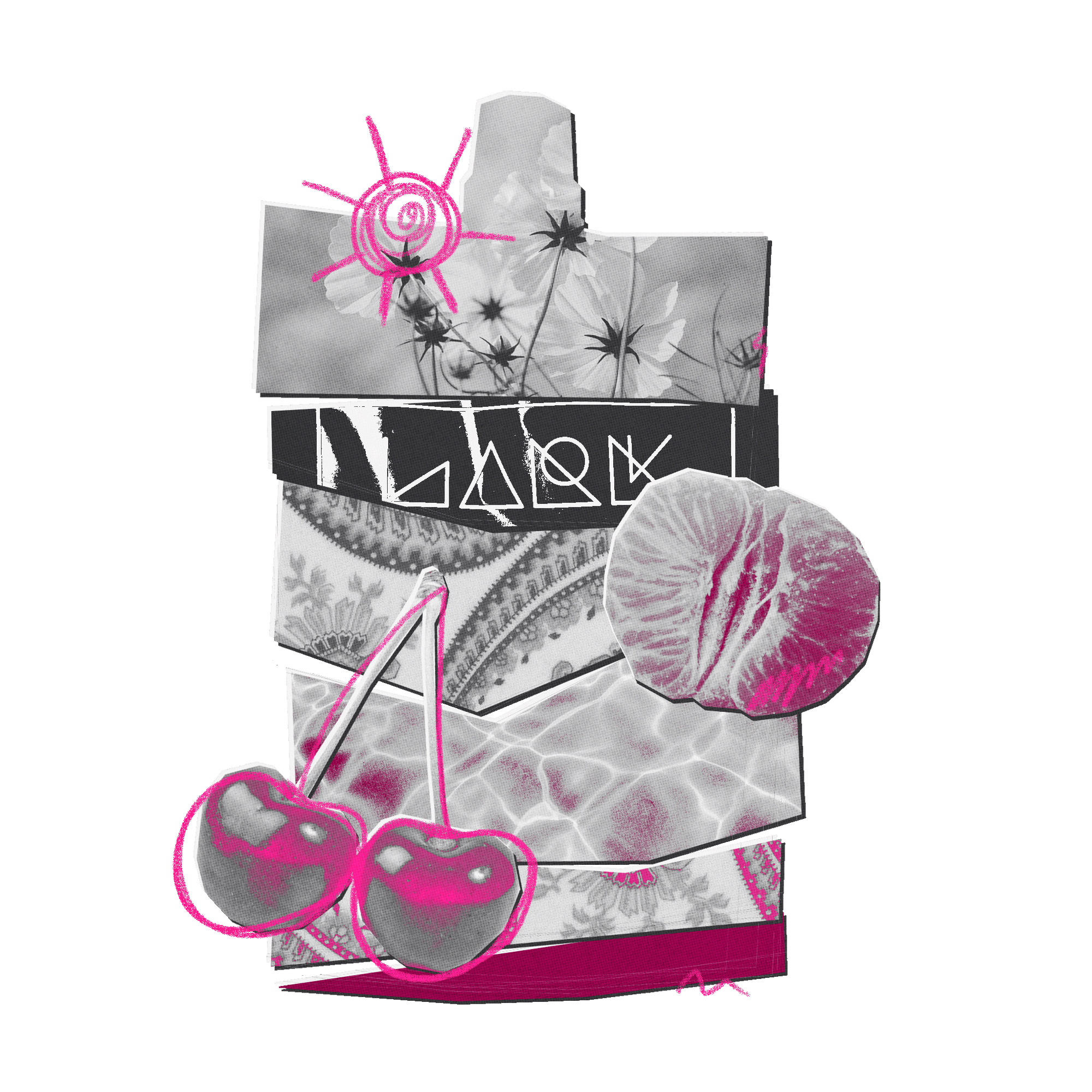 Product with floral design and cherry graphics on a white background