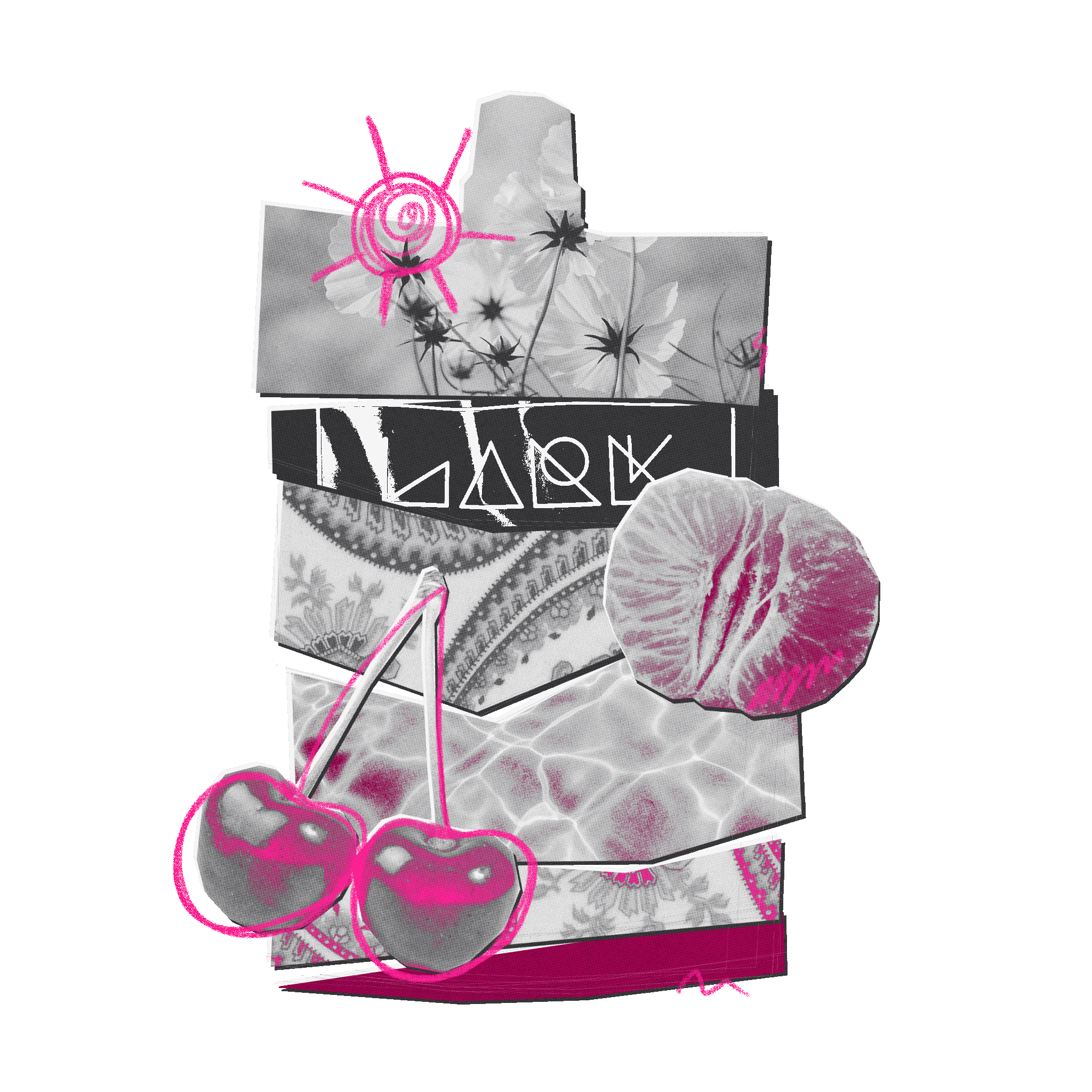 Product with floral design and cherry graphics on a white background