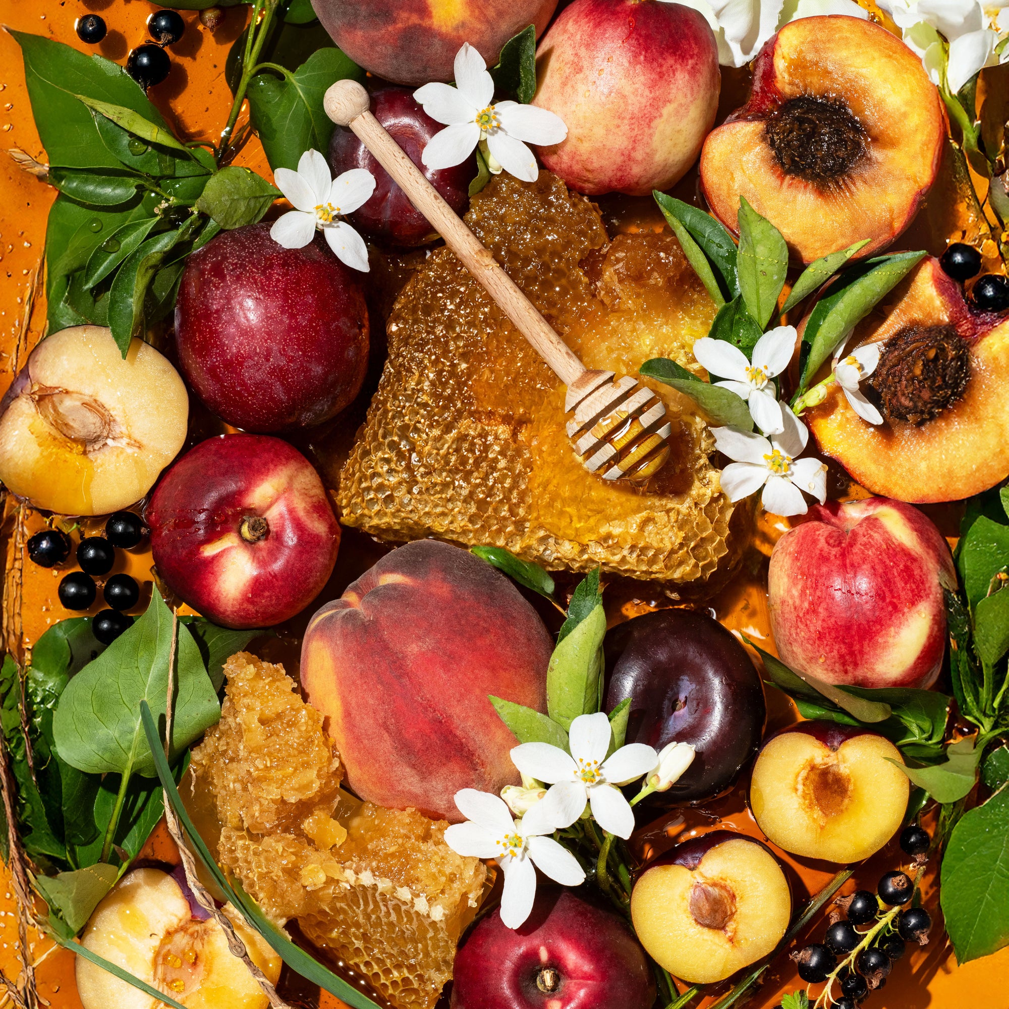 Assorted fruits including peaches, plums, and apricots with honeycomb and a honey dipper on a wooden surface.