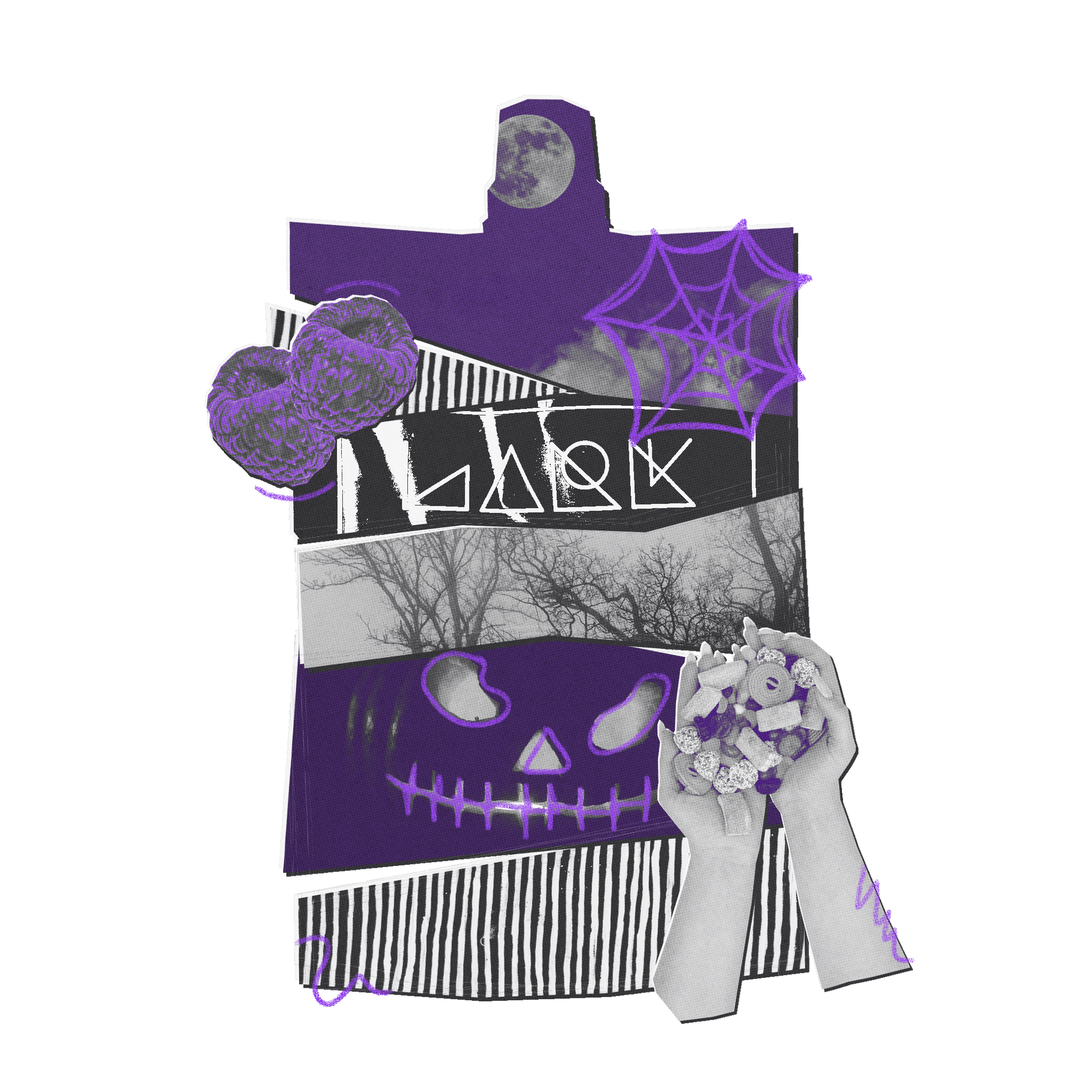 Halloween-themed poncho with purple accents and ghost design on a white background