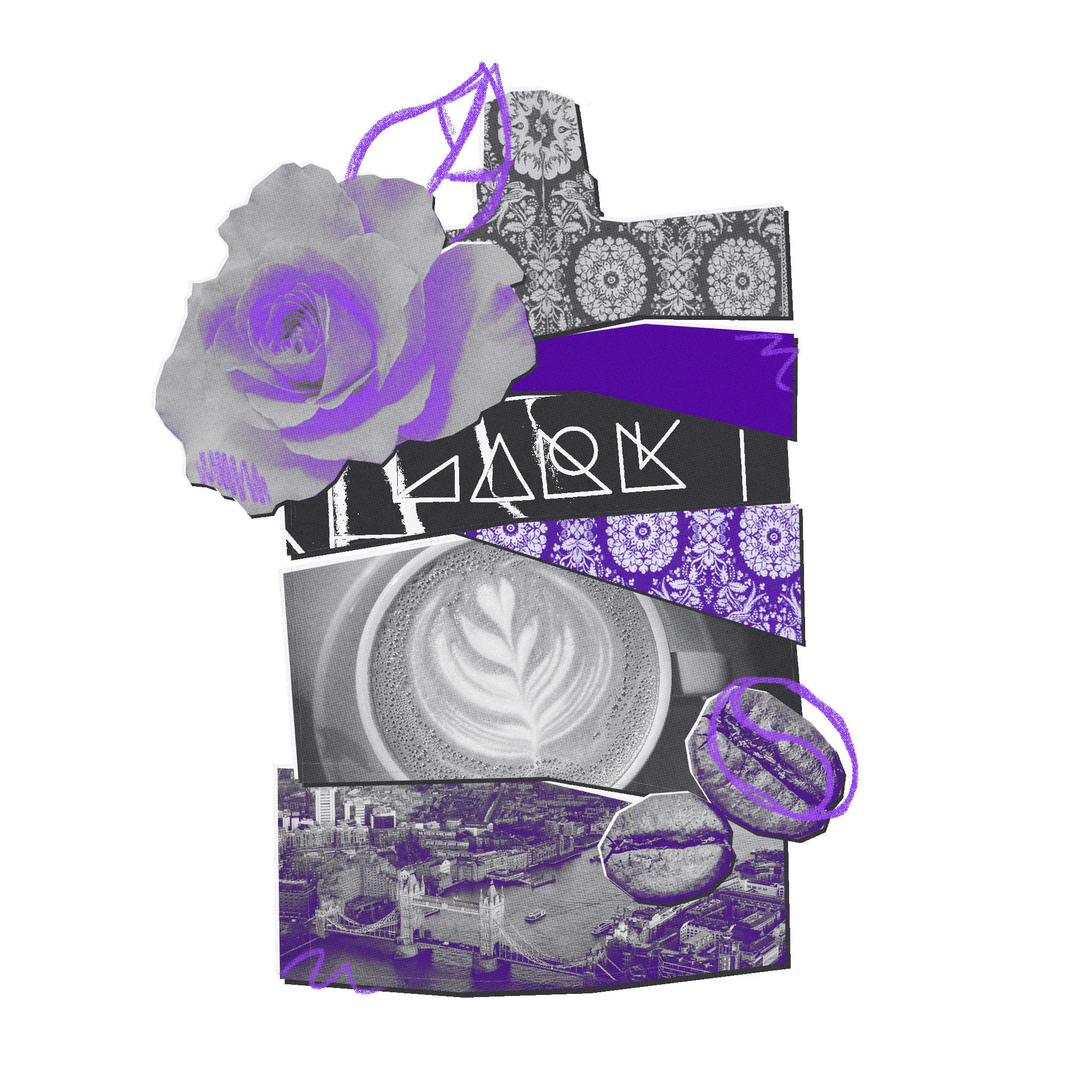 Collage of a purple rose, patterned shirt, and other decorative elements on a white background