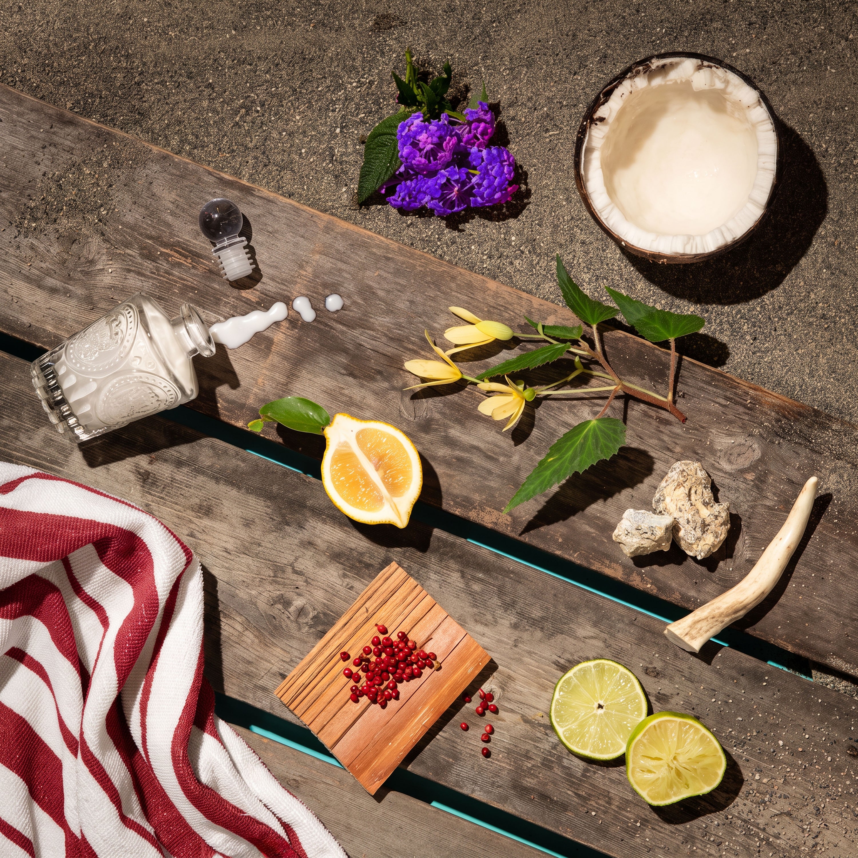 An overhead styled flat-lay of a white cosmetic or perfume bottle with its cap off, spilling a few drops onto a rustic wooden surface. The scene includes a red-and-white striped cloth, a sliced orange, lime halves, small red berries on a wooden tray, a coconut shell, purple flowers, yellow blossoms, green leaves, and a piece of driftwood on a textured gray stone background.