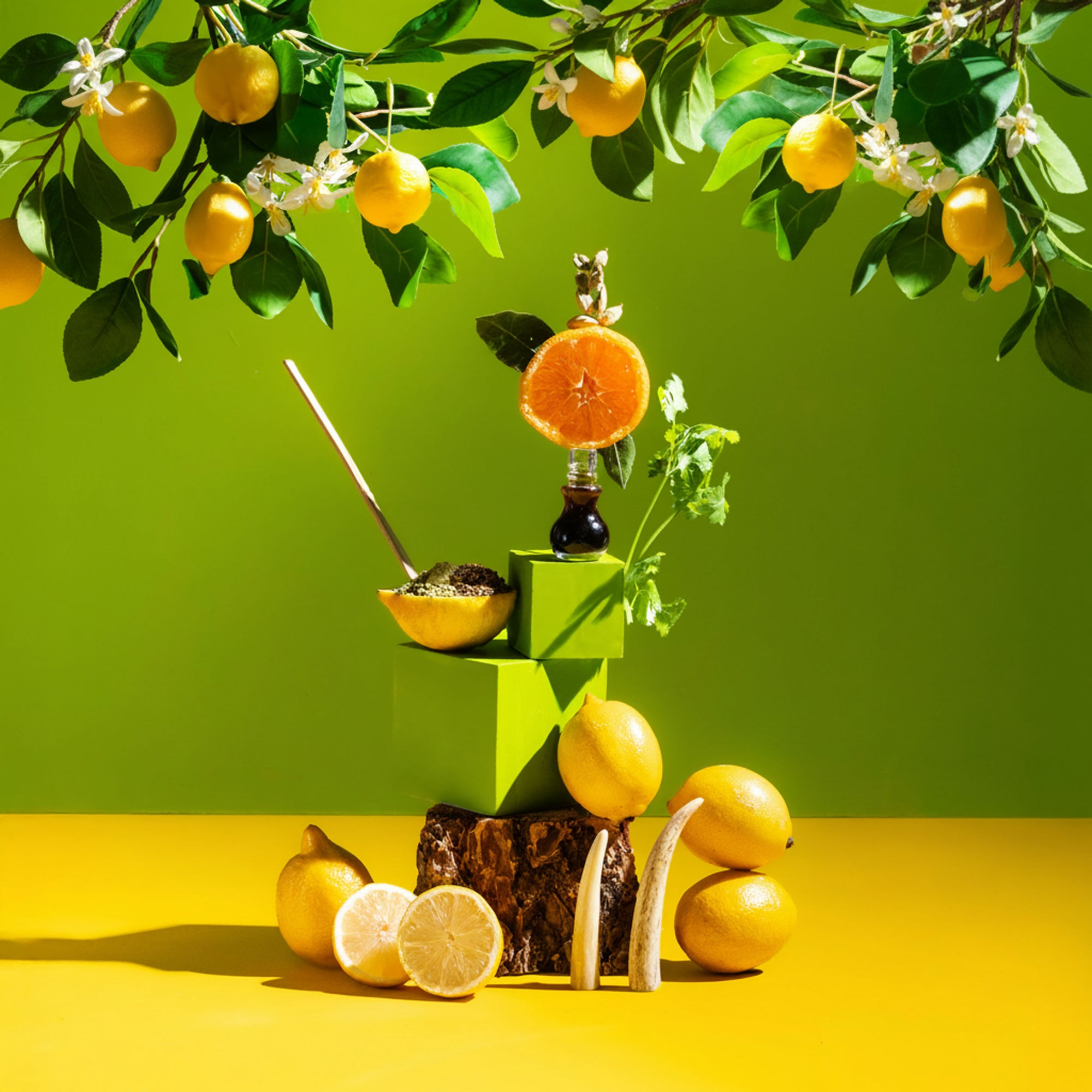 Decorative setup with lemons, oranges, and a green cube on a yellow surface with a green background
