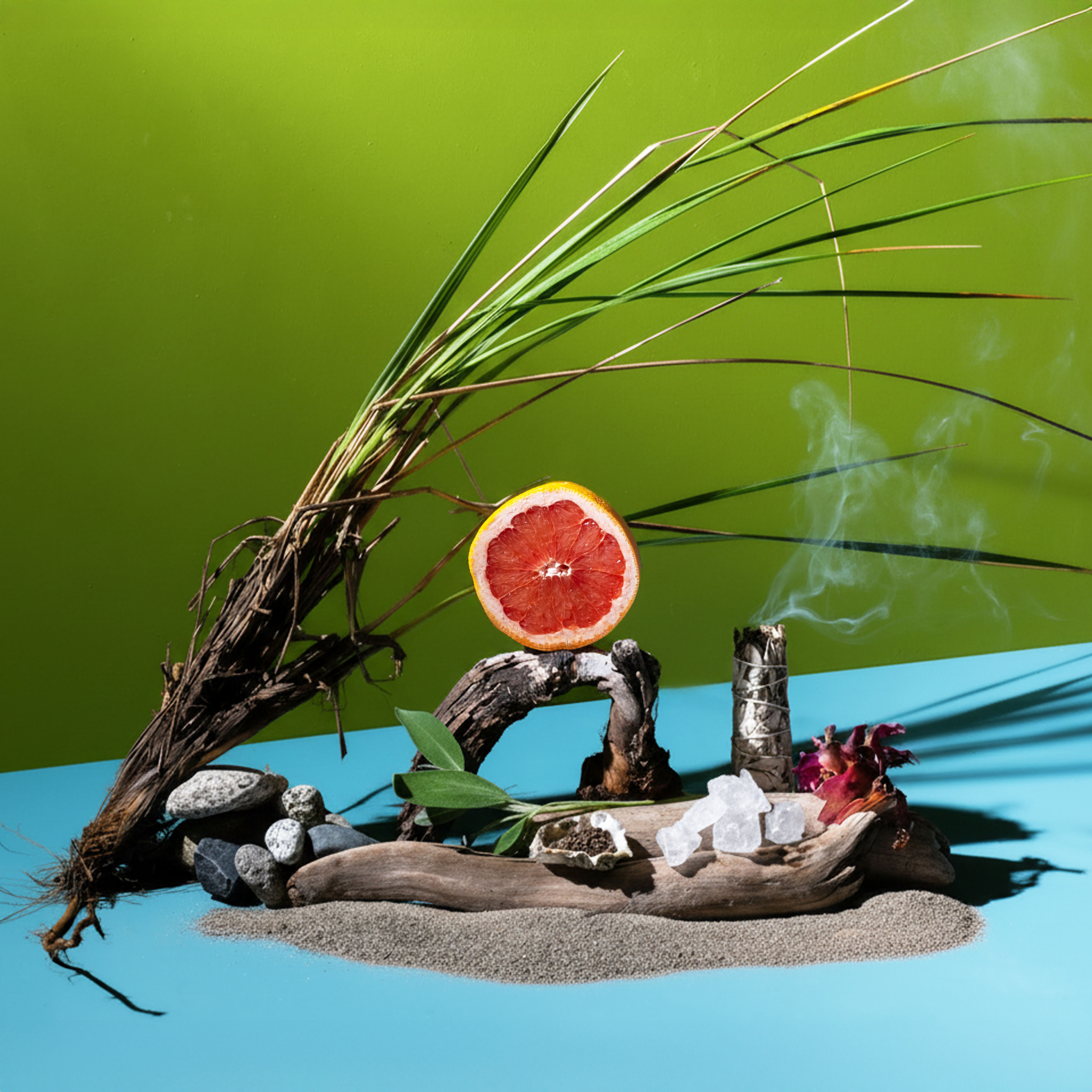 Beachy still life on a turquoise surface with a green backdrop, featuring driftwood, smooth stones, sea grass, a halved grapefruit, sea salt crystals, and a smoking sage bundle.