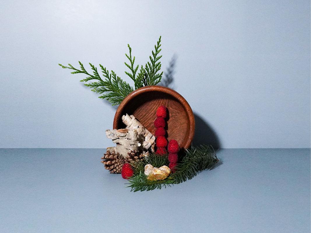 
A cozy arrangement featuring a wooden bowl tipped on its side, spilling out vibrant red berries, pinecones, and pieces of birch bark. Sprigs of lush evergreen foliage frame the scene, set against a cool blue background, evoking the fresh and festive feel of a winter woodland.