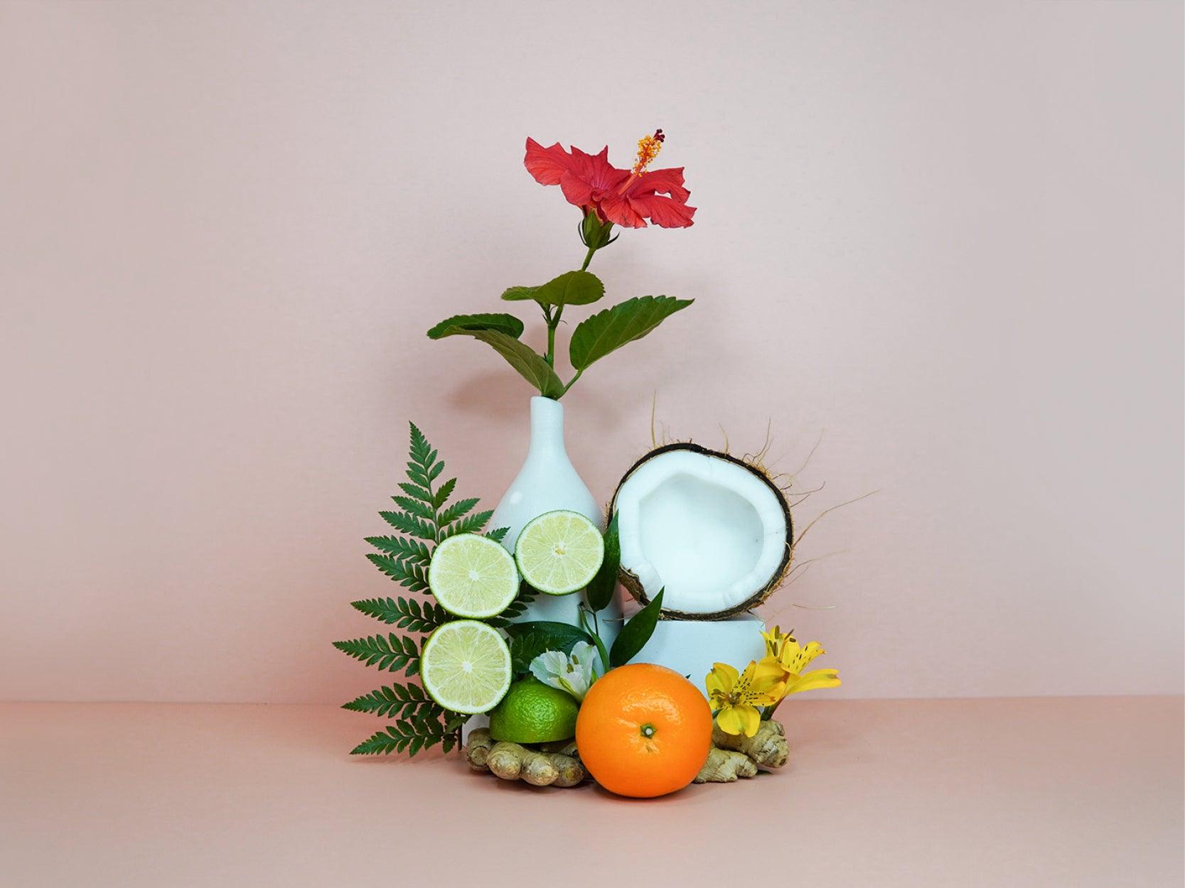 Coconut, Lime, neroli and Hibiscus beautifully set out on a